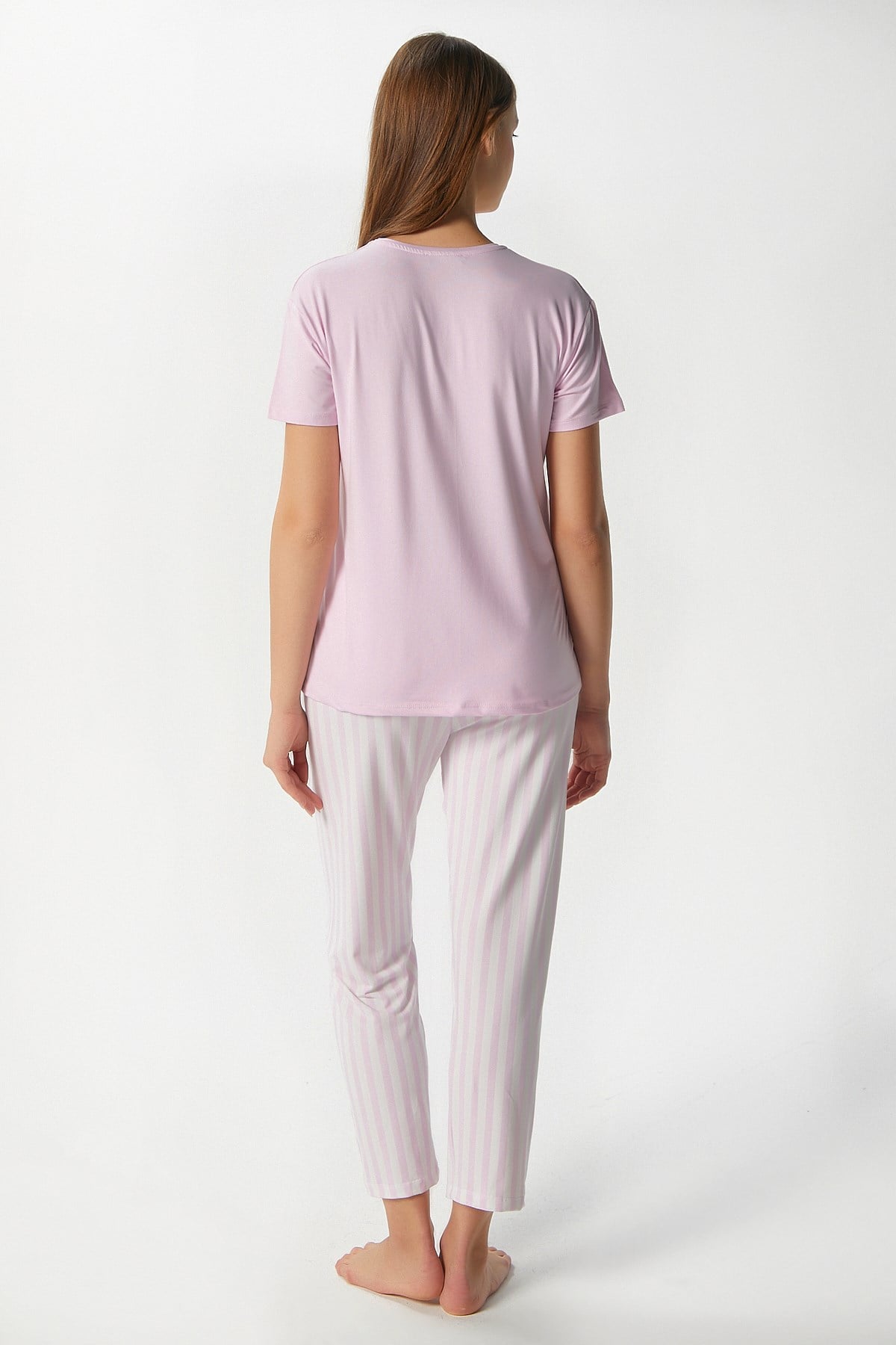 Kadın Time Yumuşak Doku Pembe Çizgili Bisiklet Yaka Kısa Kollu Alt Üst Pijama Takımı