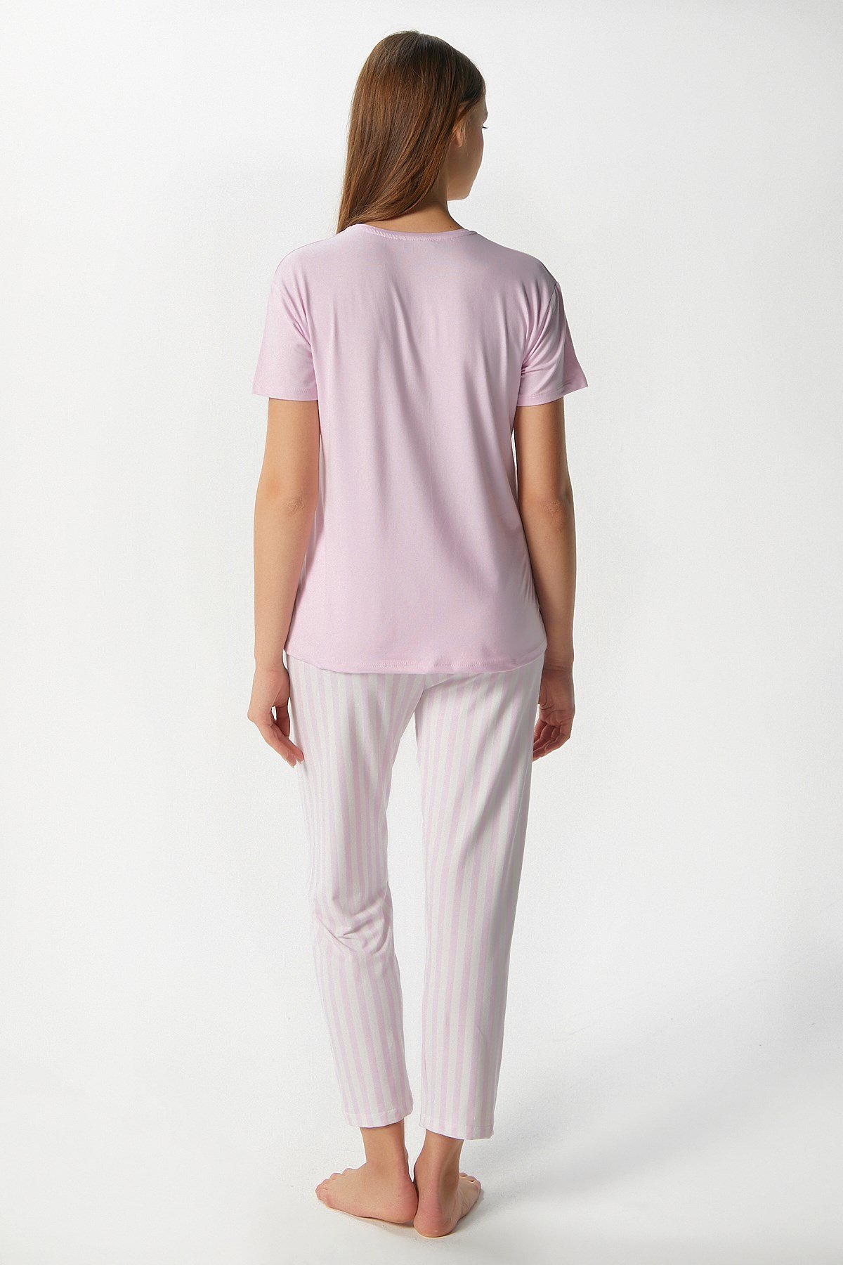 Kadın Time Yumuşak Doku Pembe Çizgili Bisiklet Yaka Kısa Kollu Alt Üst Pijama Takımı