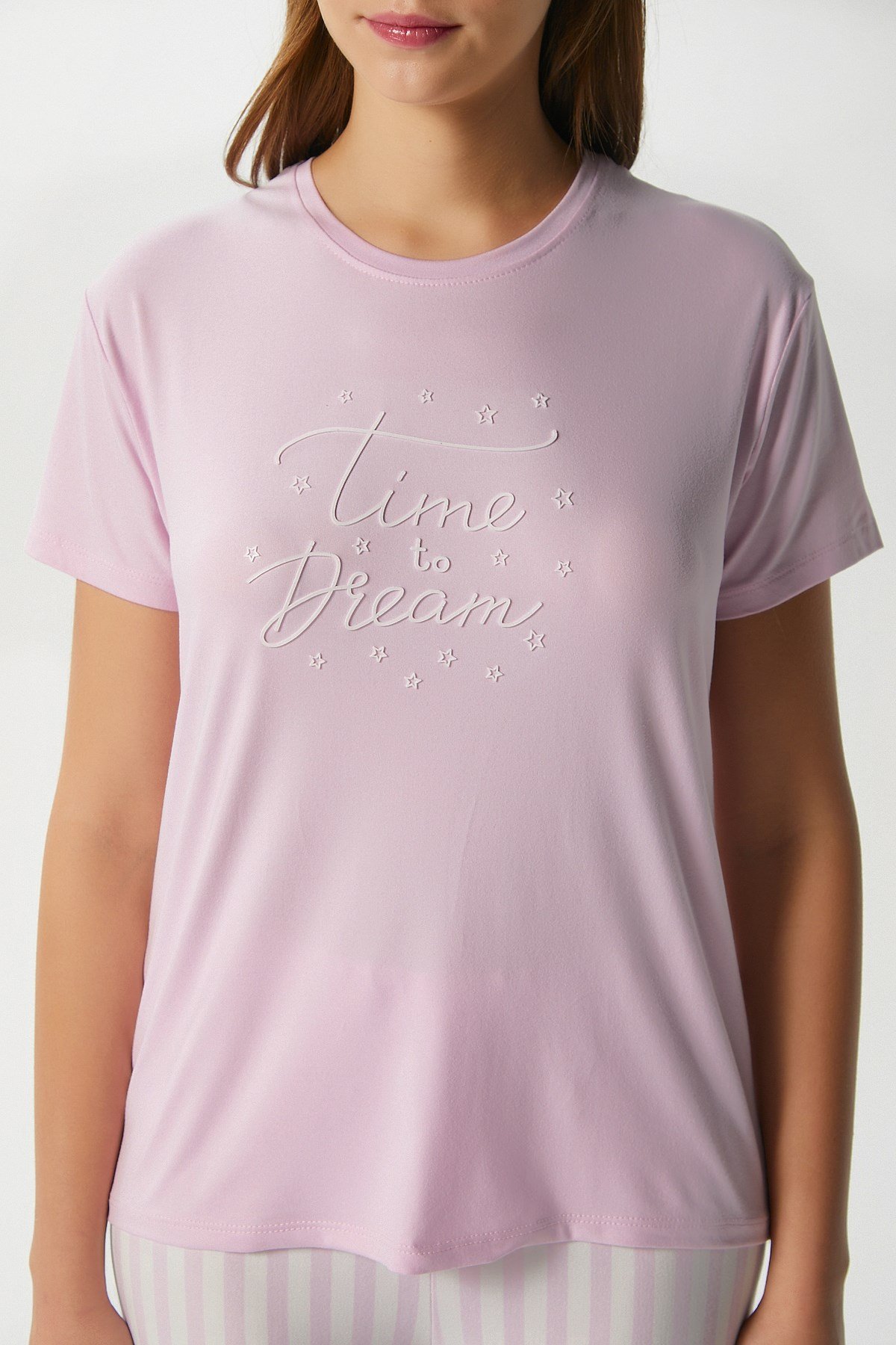 Kadın Time Yumuşak Doku Pembe Çizgili Bisiklet Yaka Kısa Kollu Alt Üst Pijama Takımı