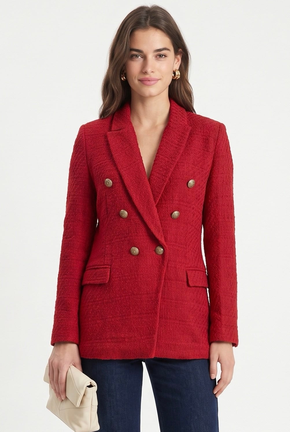 Kadın Tovi Tüvit Dokulu Gold Düğmeli Asimetrik Kesim Astarlı Kırmızı Blazer Ceket