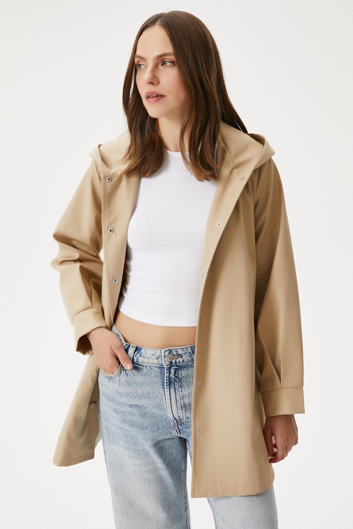 Kadın Trendy Kapüşonlu Çıtçıtlı Bej Trençkot