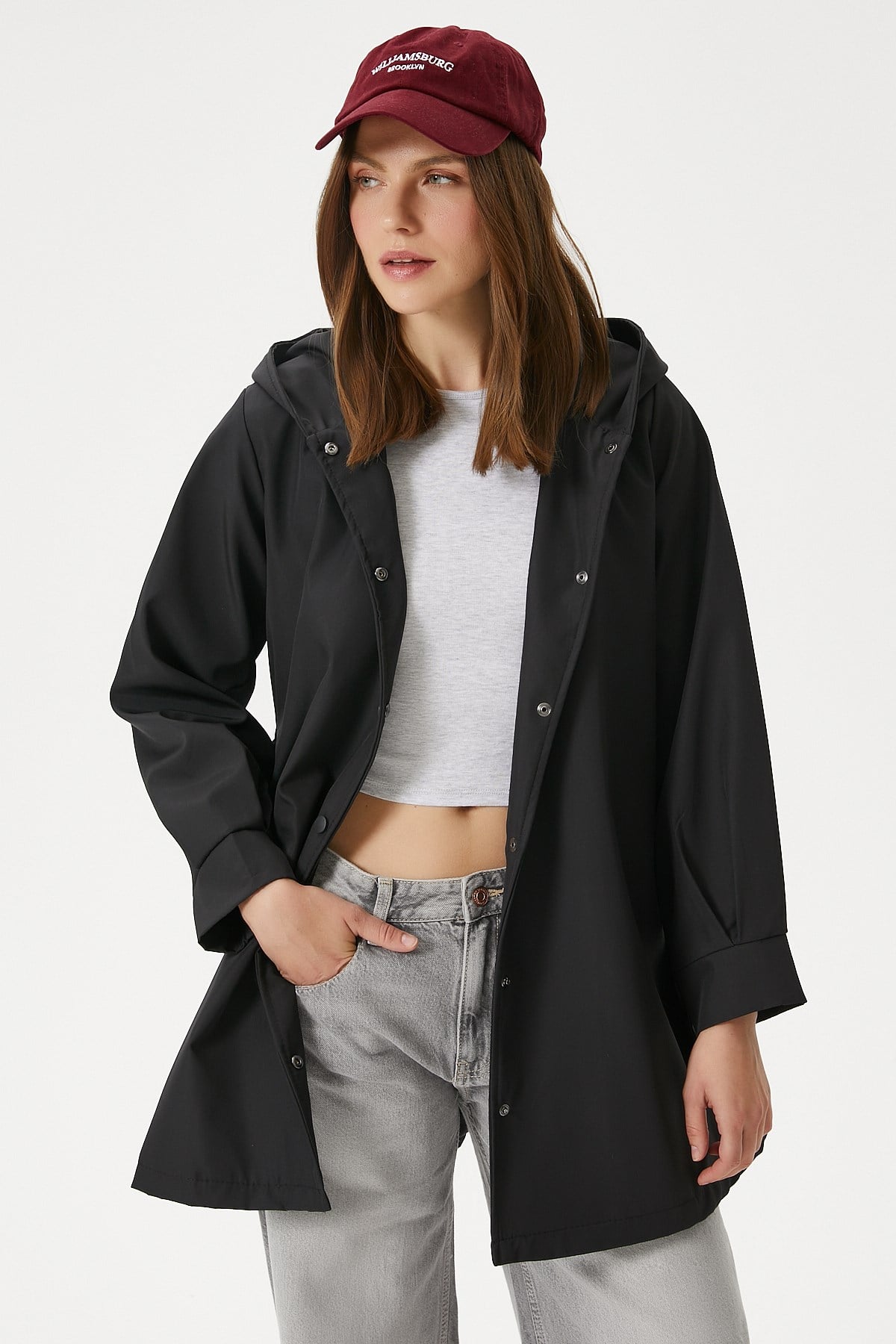 Kadın Trendy Kapüşonlu Çıtçıtlı Siyah Trençkot