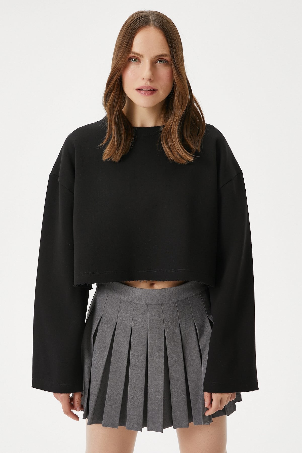 Kadın Vegas Siyah Şardonlu Crop Sweatshirt