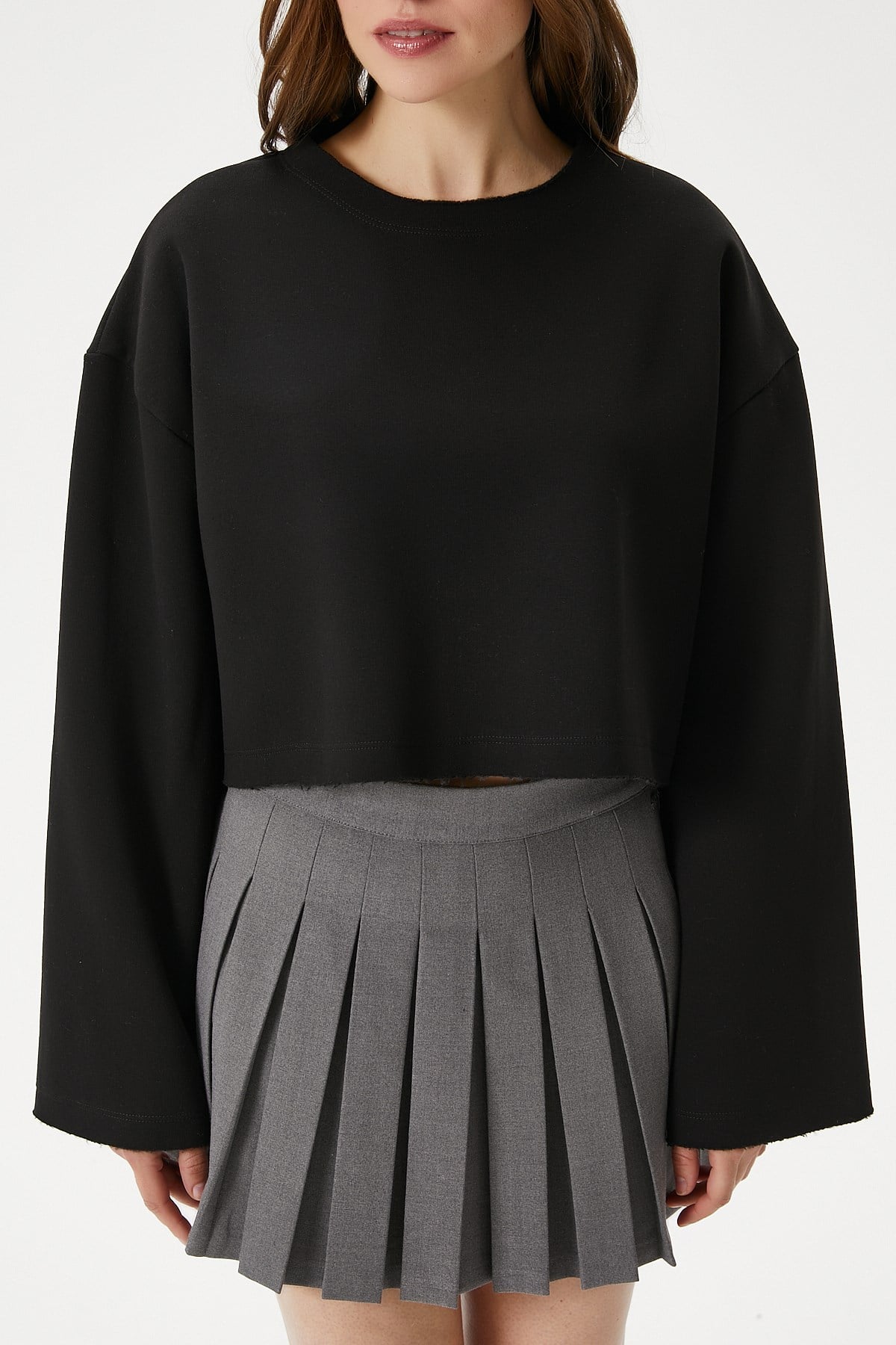 Kadın Vegas Siyah Şardonlu Crop Sweatshirt