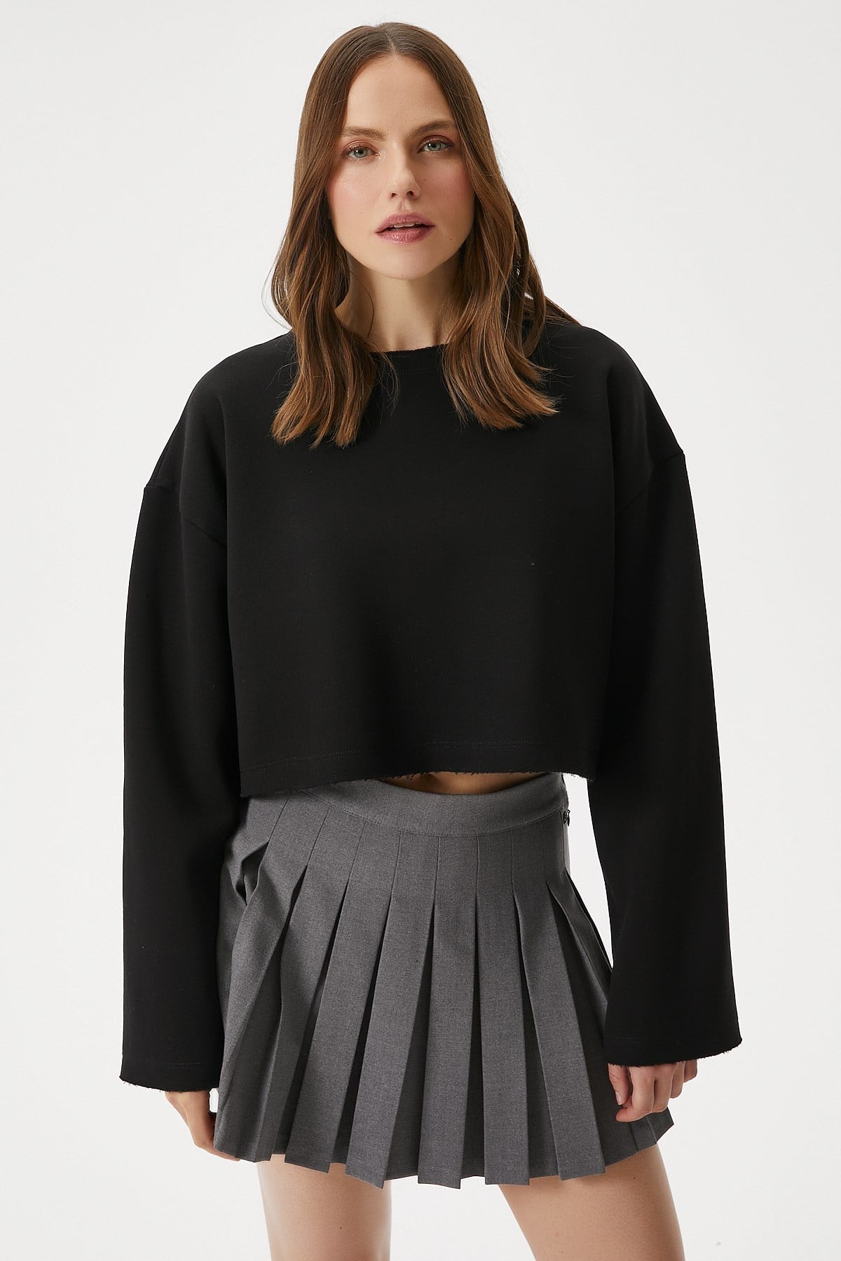 Kadın Vegas Siyah Şardonlu Crop Sweatshirt