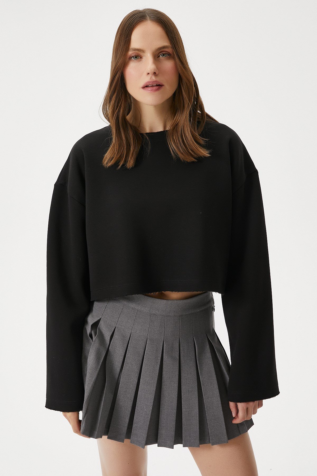 Kadın Vegas Siyah Şardonlu Crop Sweatshirt