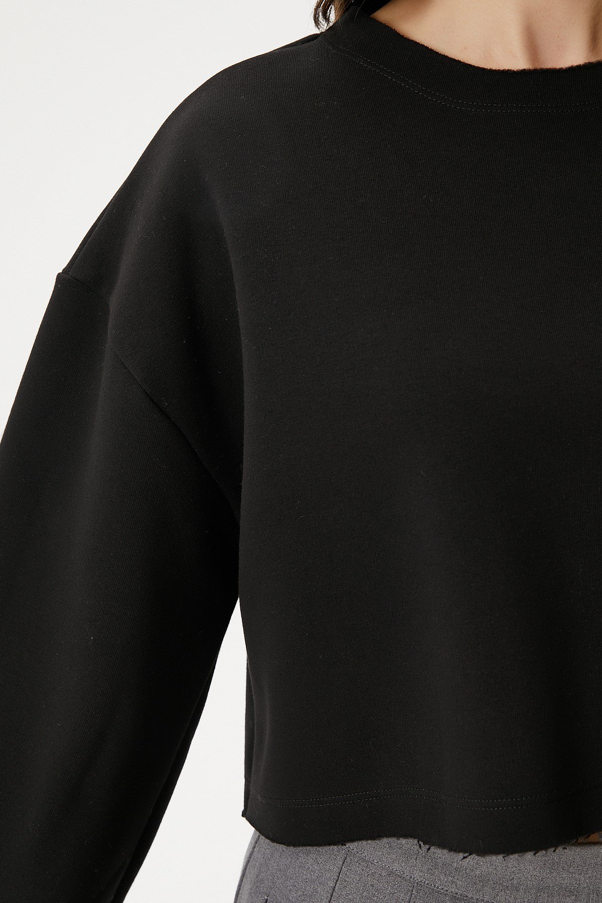 Kadın Vegas Siyah Şardonlu Crop Sweatshirt