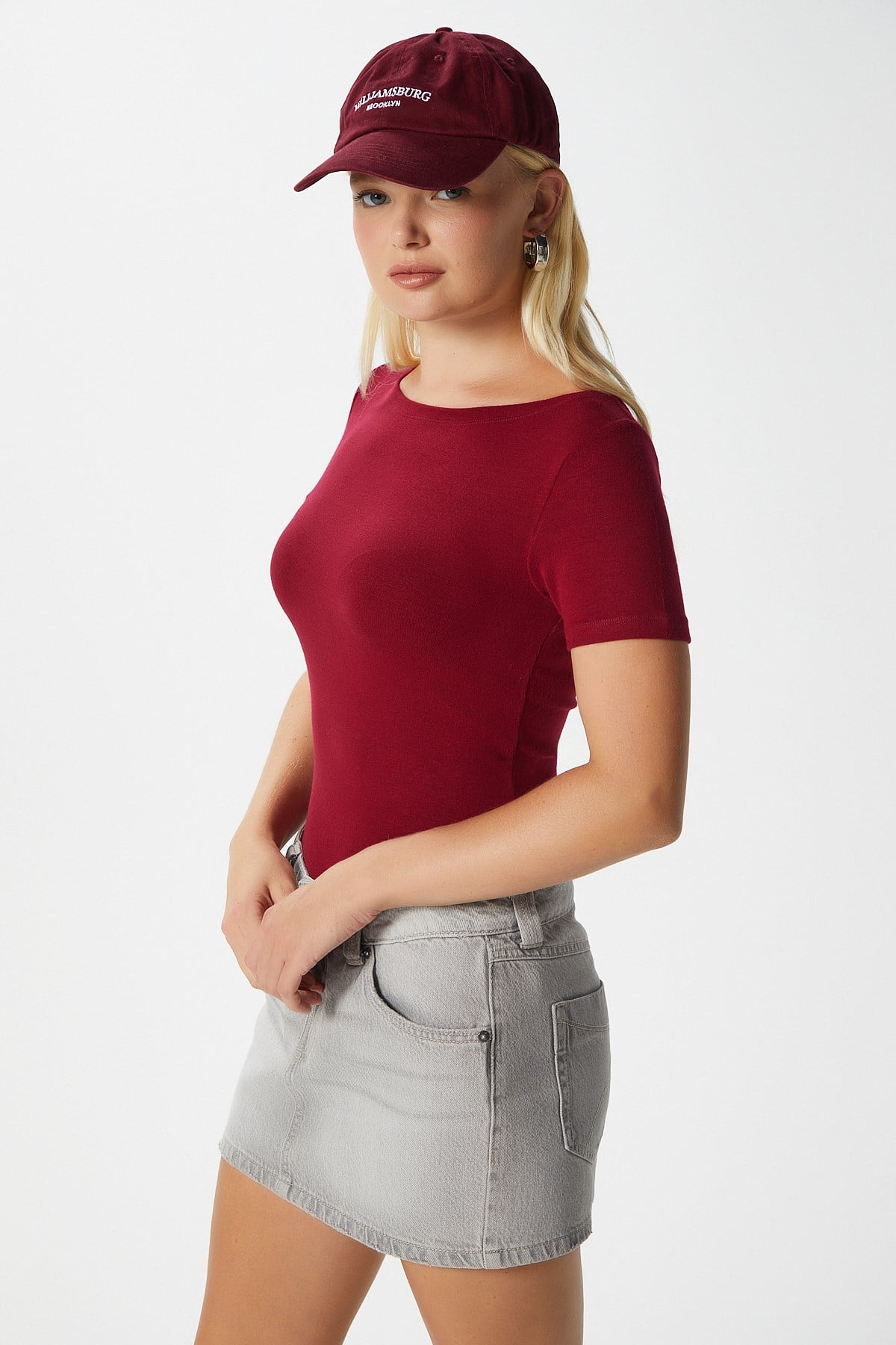 Kadın Velvet Kayık Yaka Lux Touch Yumuşak Doku Kısa Kol Bordo Bluz