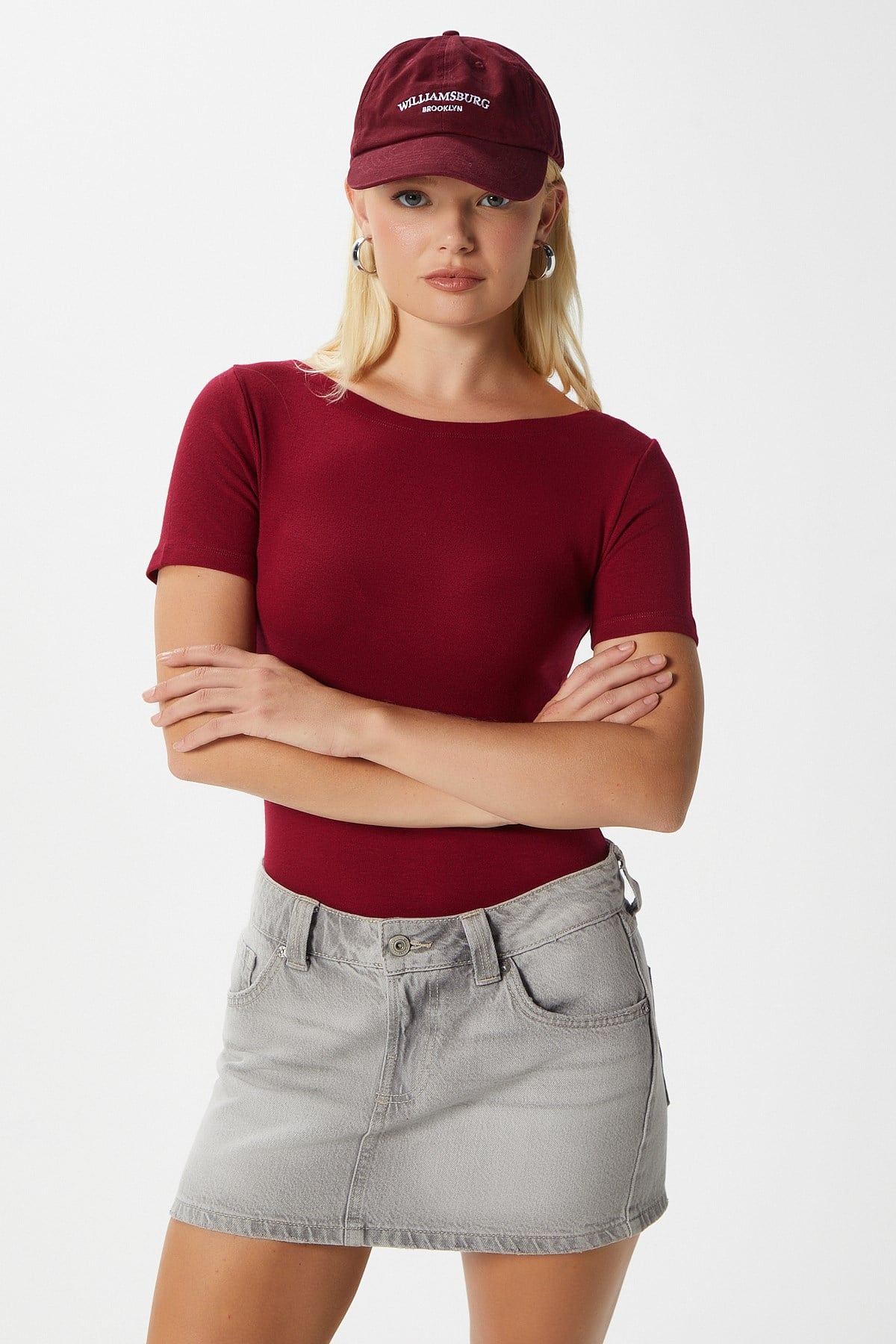 Kadın Velvet Kayık Yaka Lux Touch Yumuşak Doku Kısa Kol Bordo Bluz