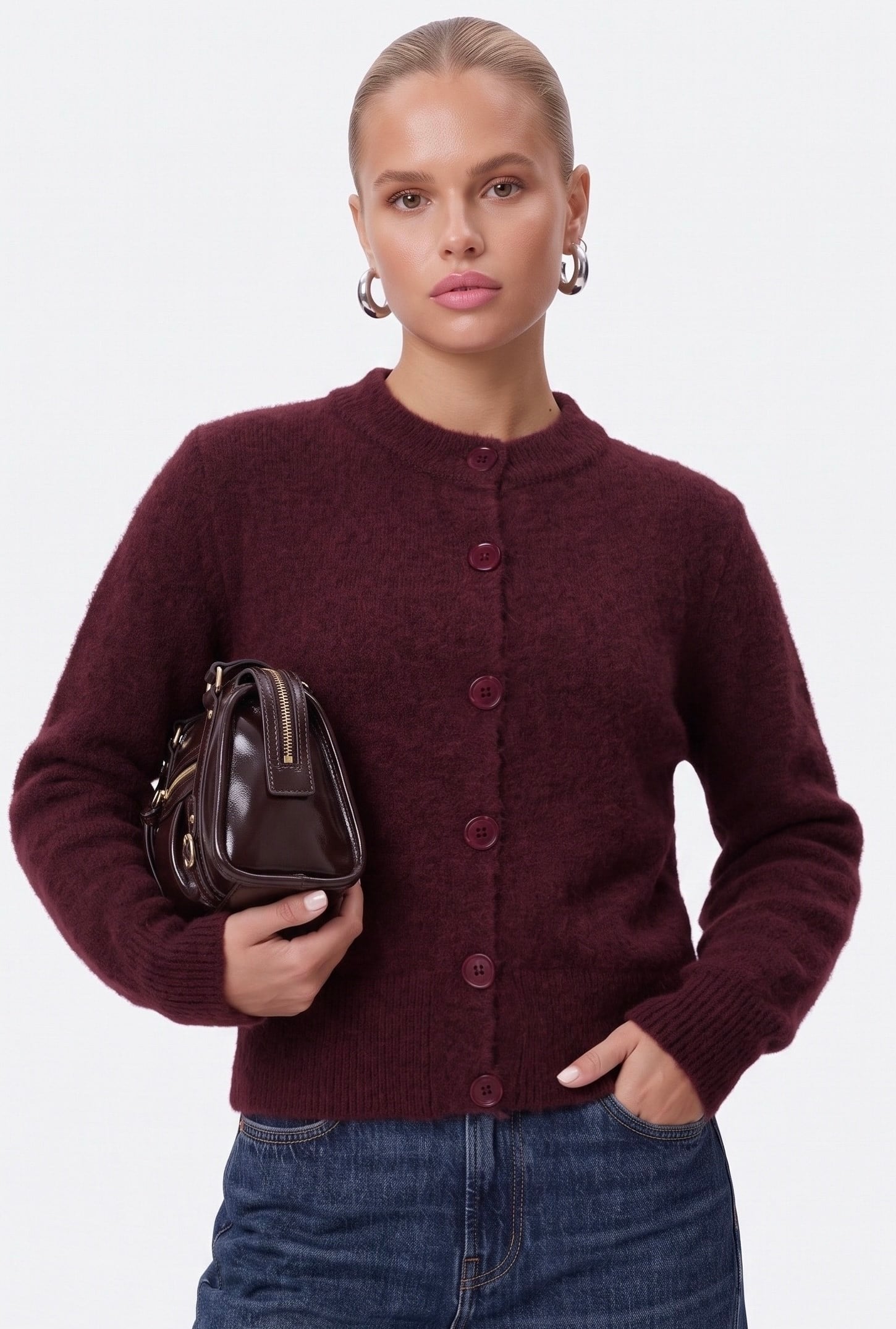 Kadın Warm Soft Dokulu Basic Bordo Triko Hırka