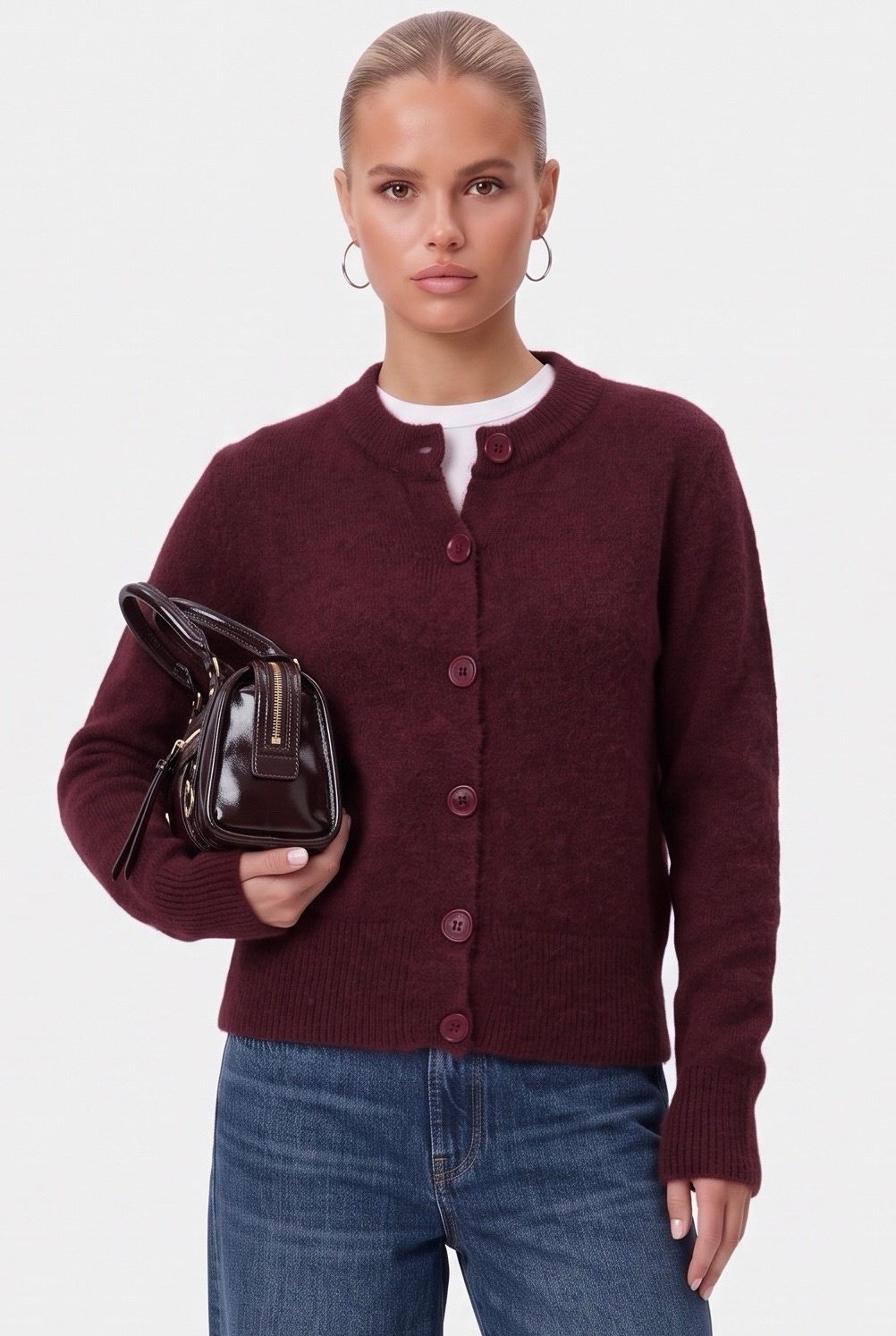 Kadın Warm Soft Dokulu Basic Bordo Triko Hırka