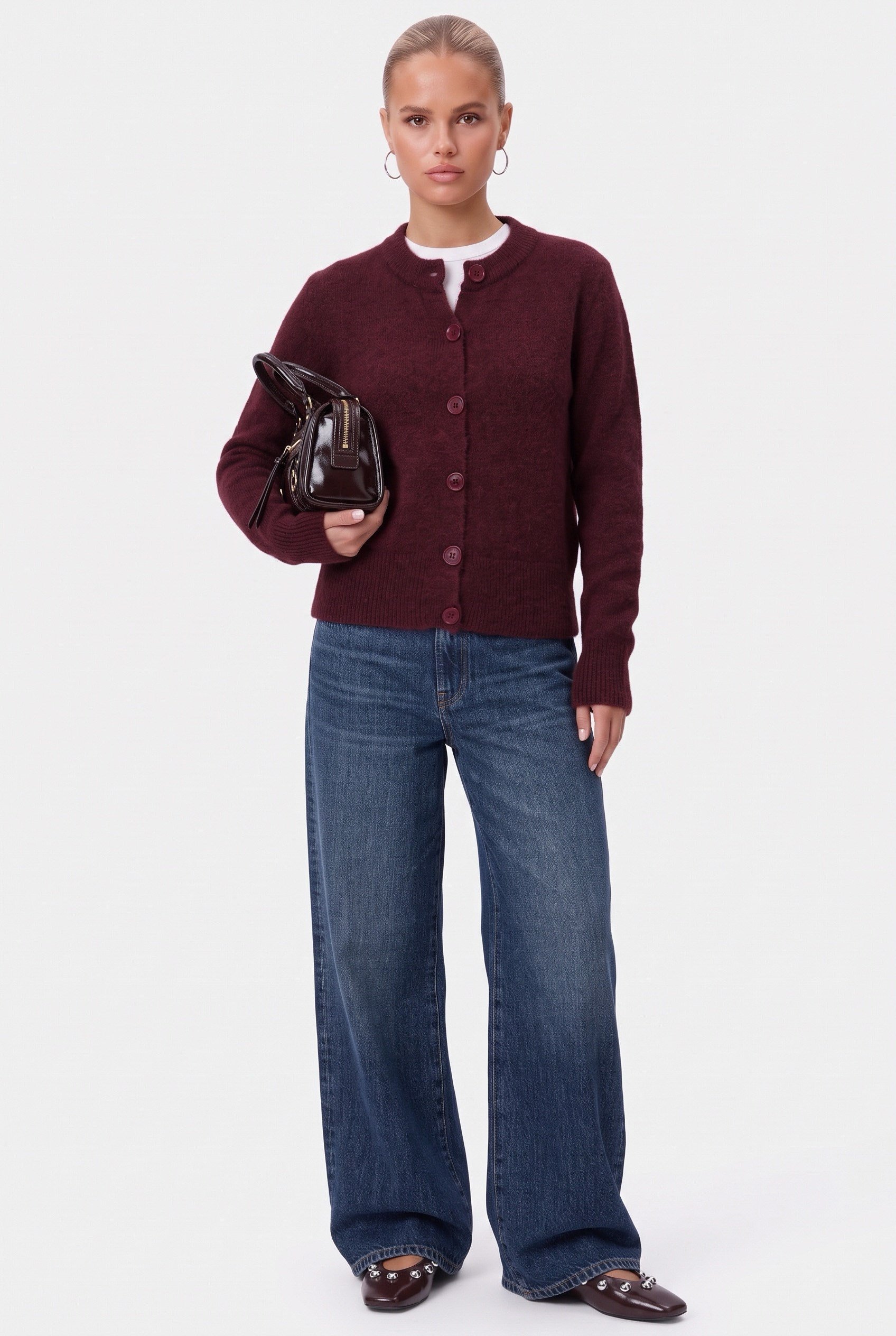 Kadın Warm Soft Dokulu Basic Bordo Triko Hırka
