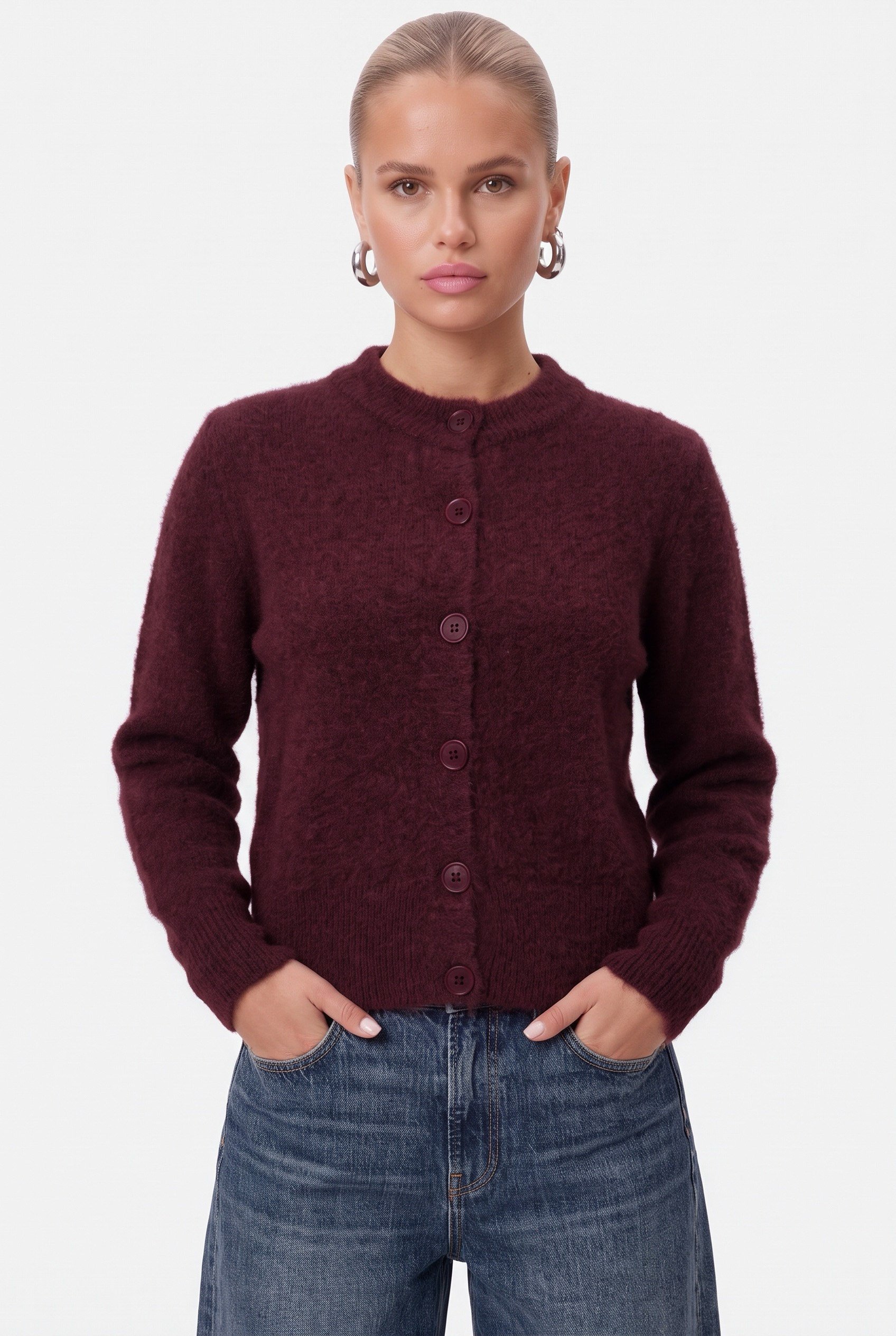 Kadın Warm Soft Dokulu Basic Bordo Triko Hırka