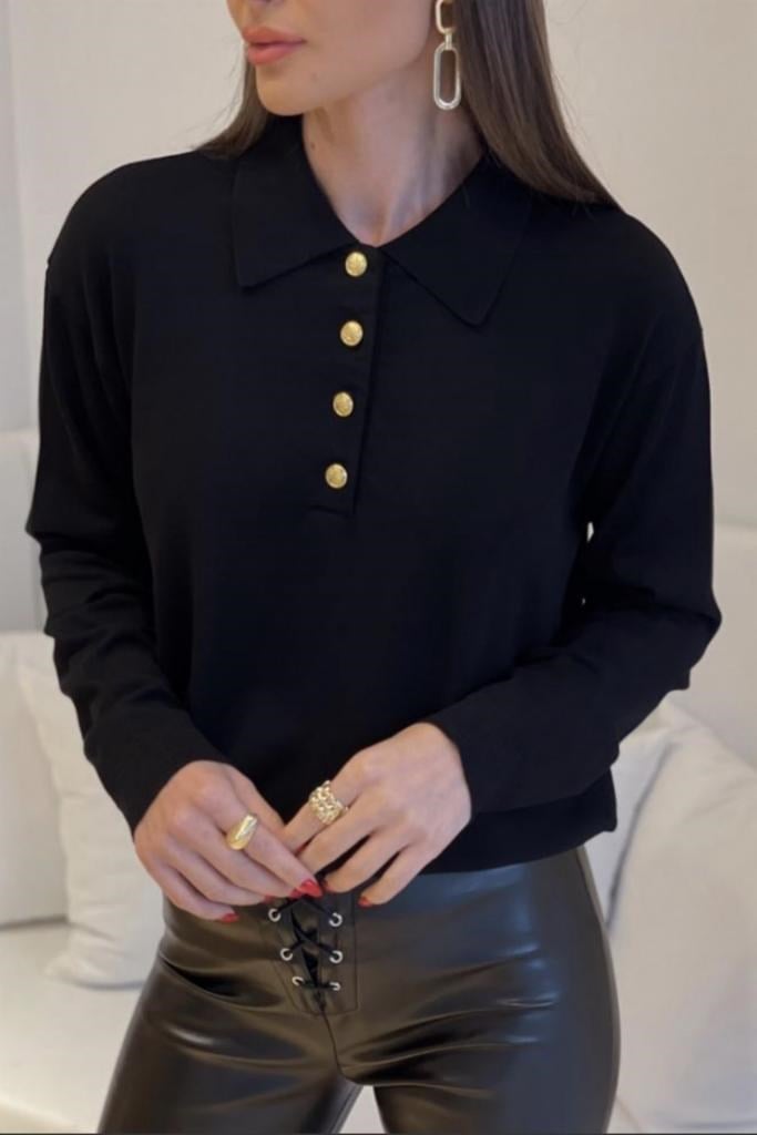 Kadın Watch Premium Doku Polo Yaka  Siyah Gold Düğmeli Triko Kazak