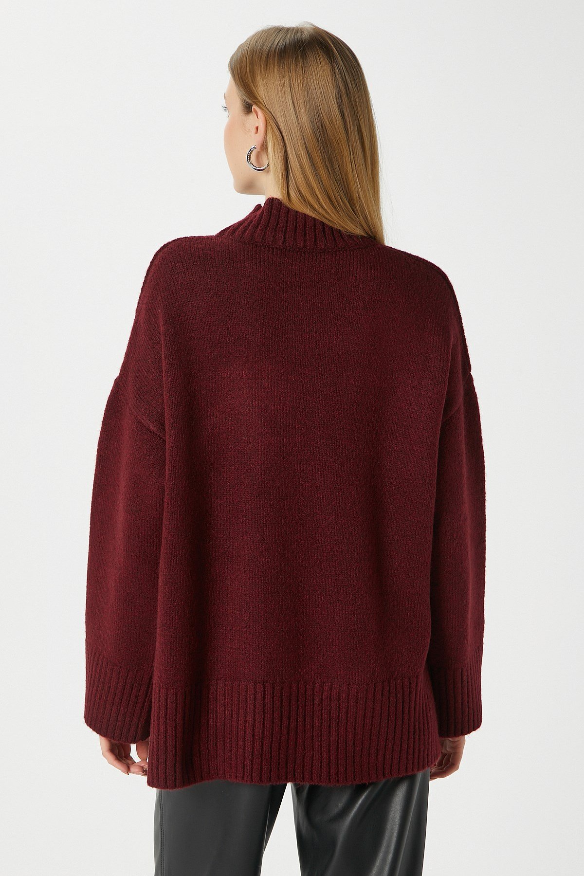 Kadın Wonder Yumuşacık Dik Yaka Bordo Yırtmaçlı Oversize Triko Kazak