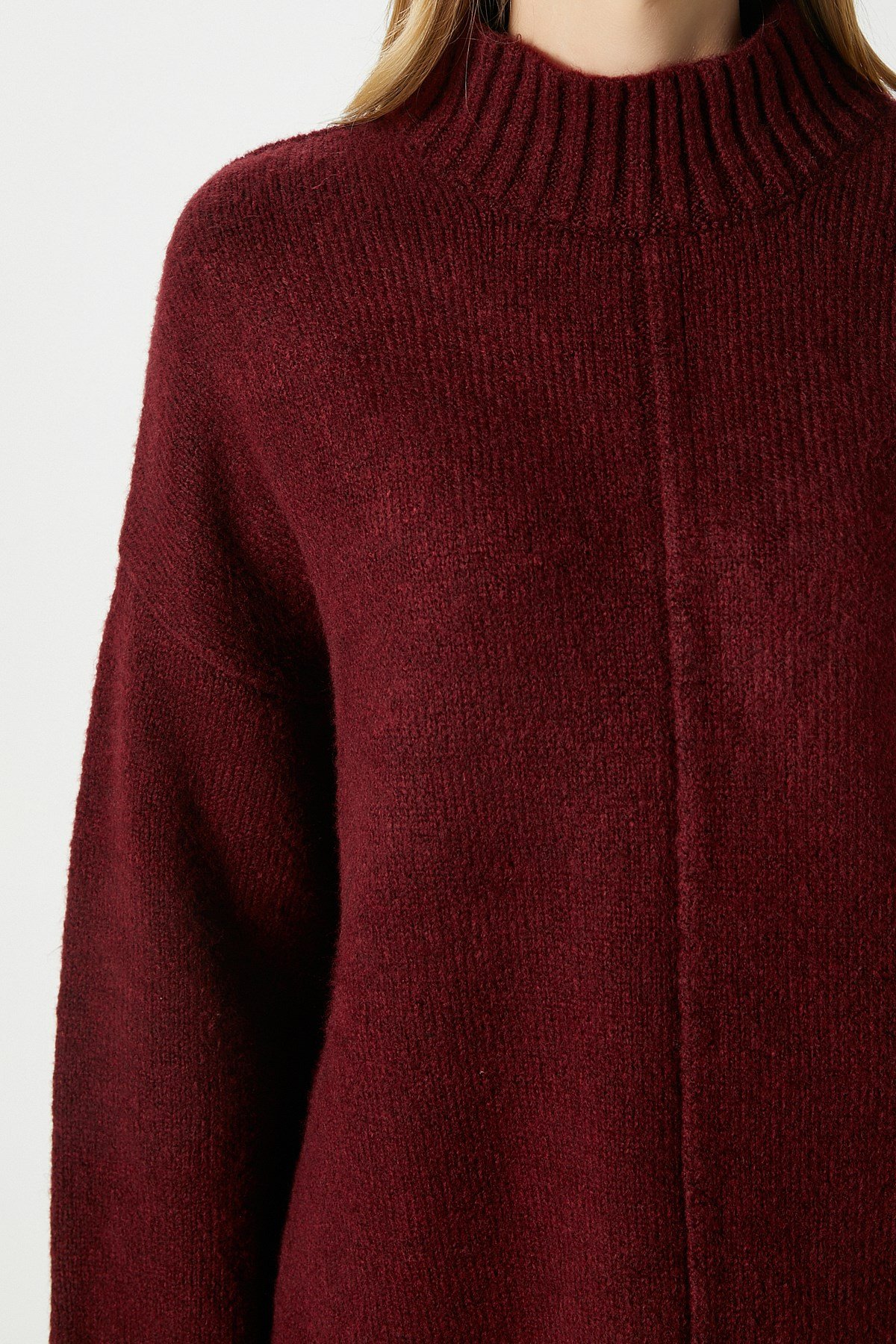 Kadın Wonder Yumuşacık Dik Yaka Bordo Yırtmaçlı Oversize Triko Kazak