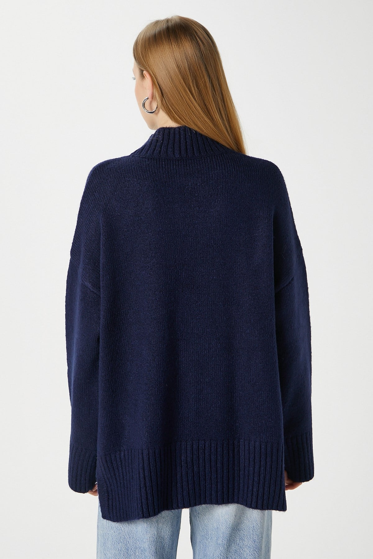 Kadın Wonder Yumuşacık Dik Yaka Lacivert Yırtmaçlı Oversize Triko Kazak