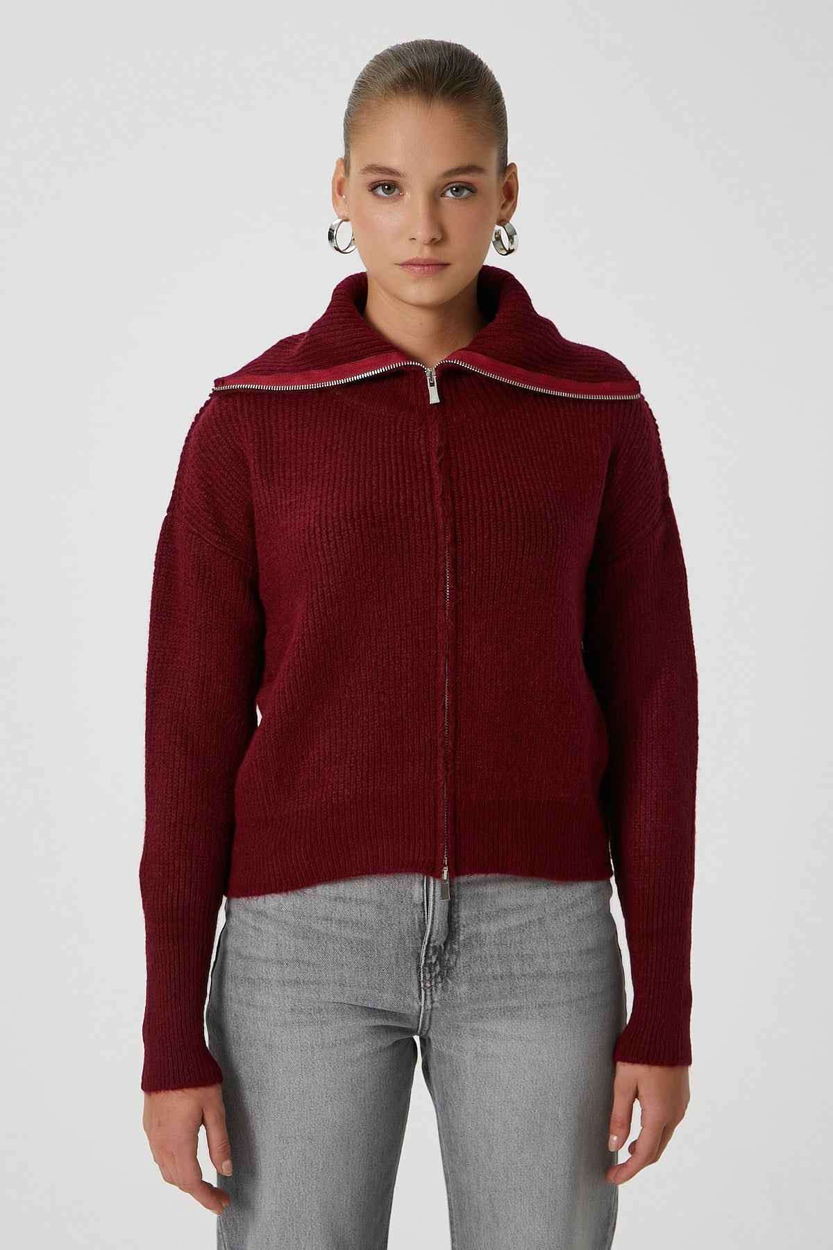 Kadın Woody Grade Bordo Çift Taraf Fermuarlı Polo Triko Hırka