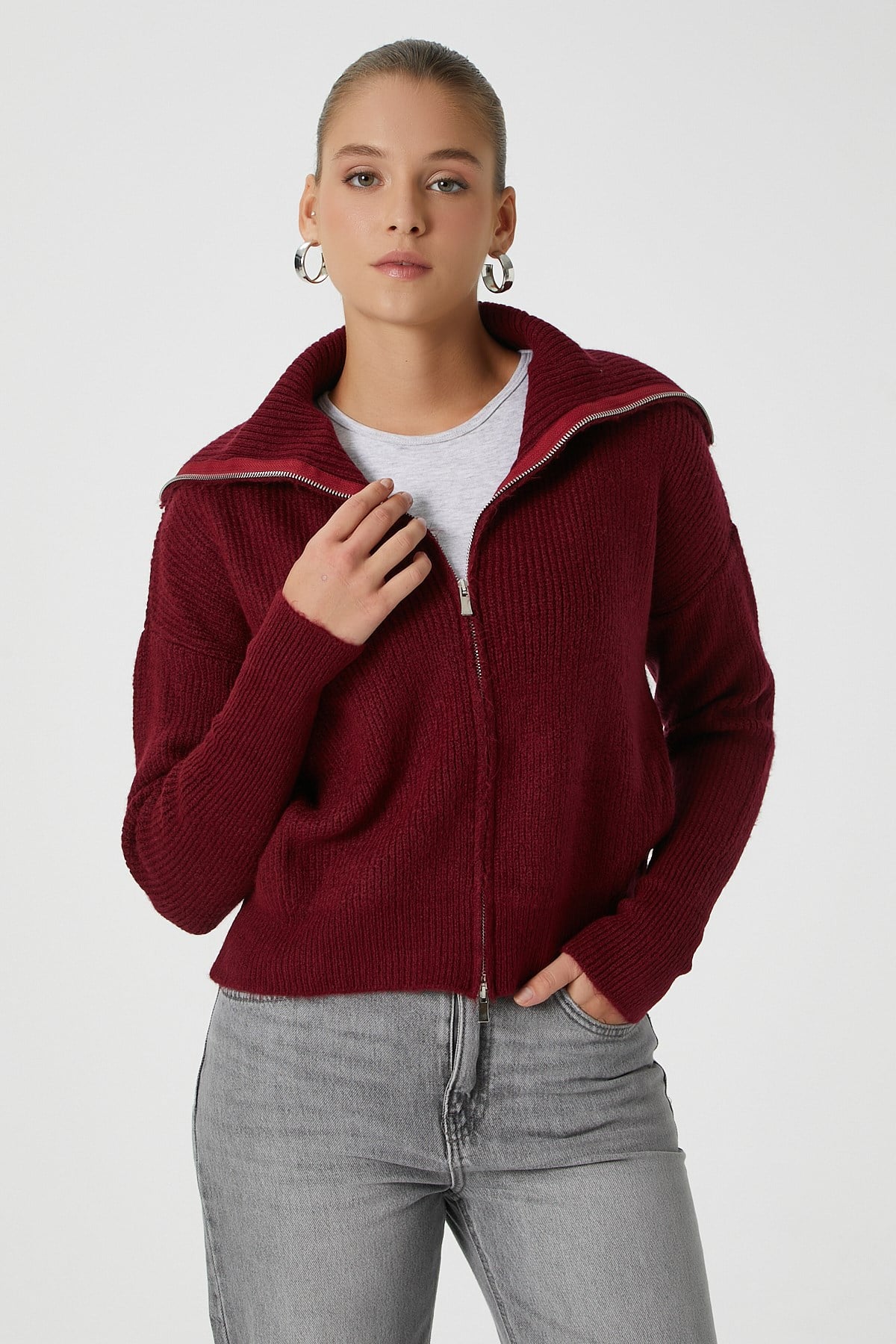 Kadın Woody Grade Bordo Çift Taraf Fermuarlı Polo Triko Hırka