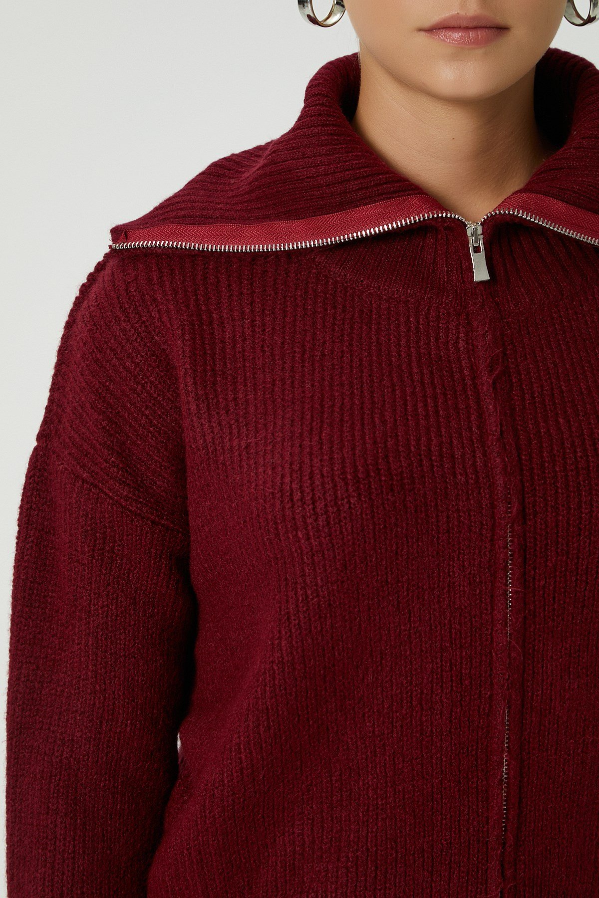 Kadın Woody Grade Bordo Çift Taraf Fermuarlı Polo Triko Hırka