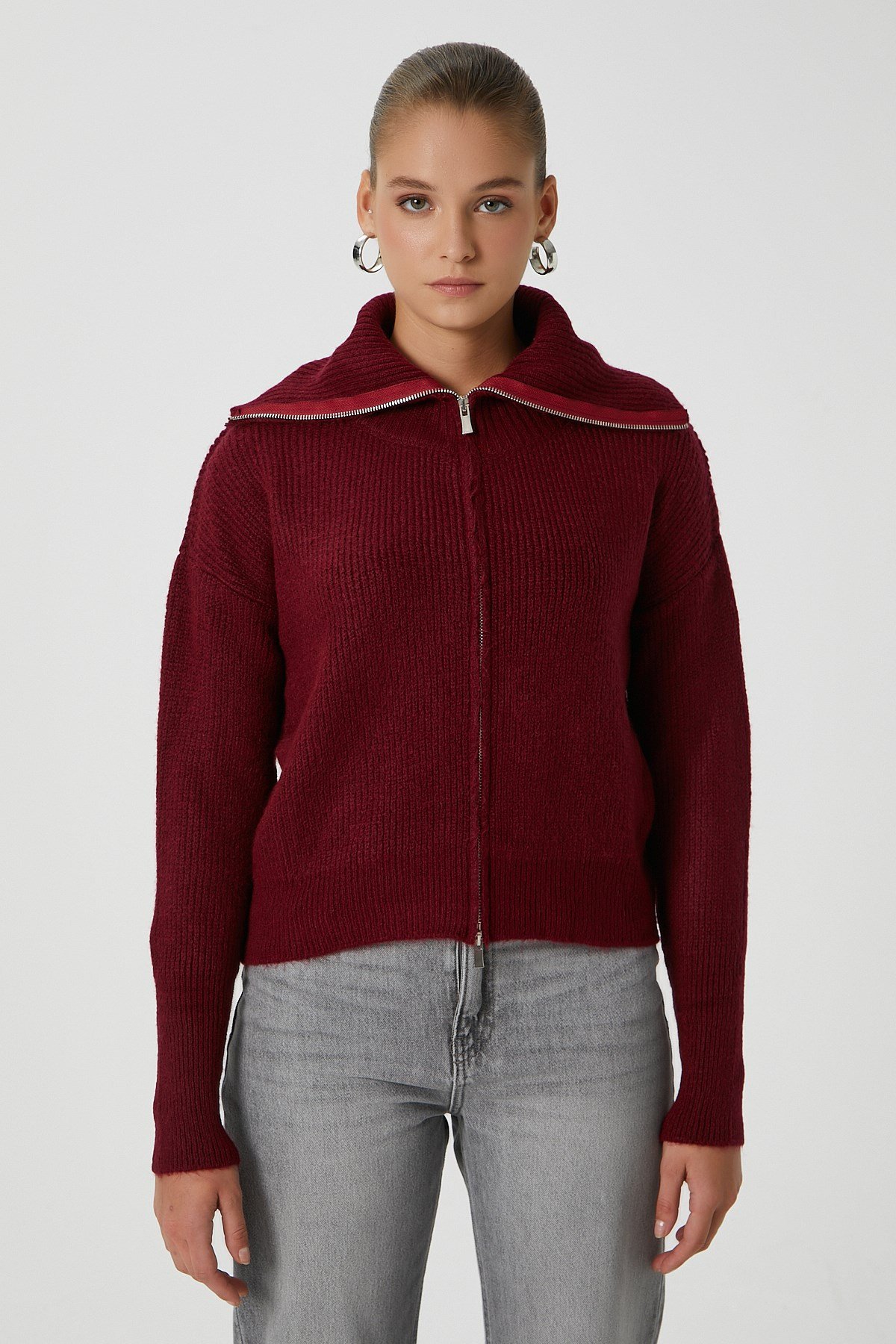 Kadın Woody Grade Bordo Çift Taraf Fermuarlı Polo Triko Hırka