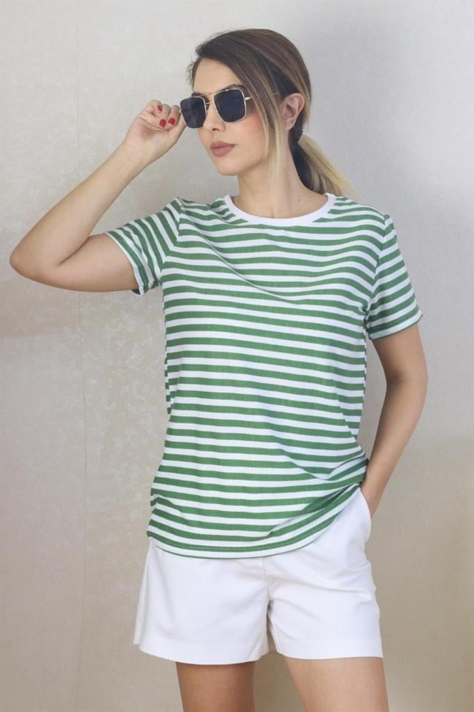 Kadın Yeşil Beyaz Çizgili Basic T-Shirt