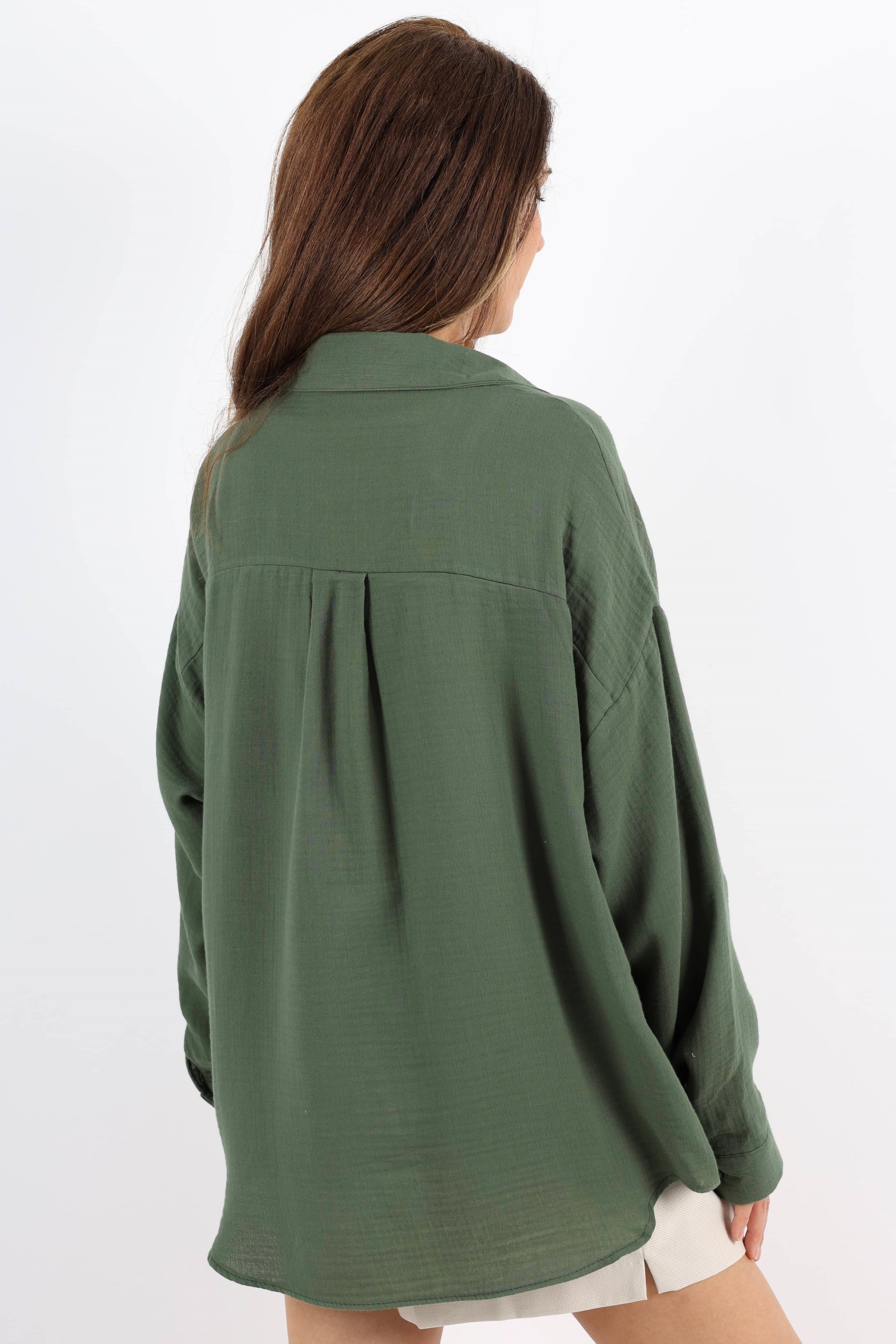 Kadın Yumuşak Müslin Kumaş Uzun Haki Oversize Gömlek