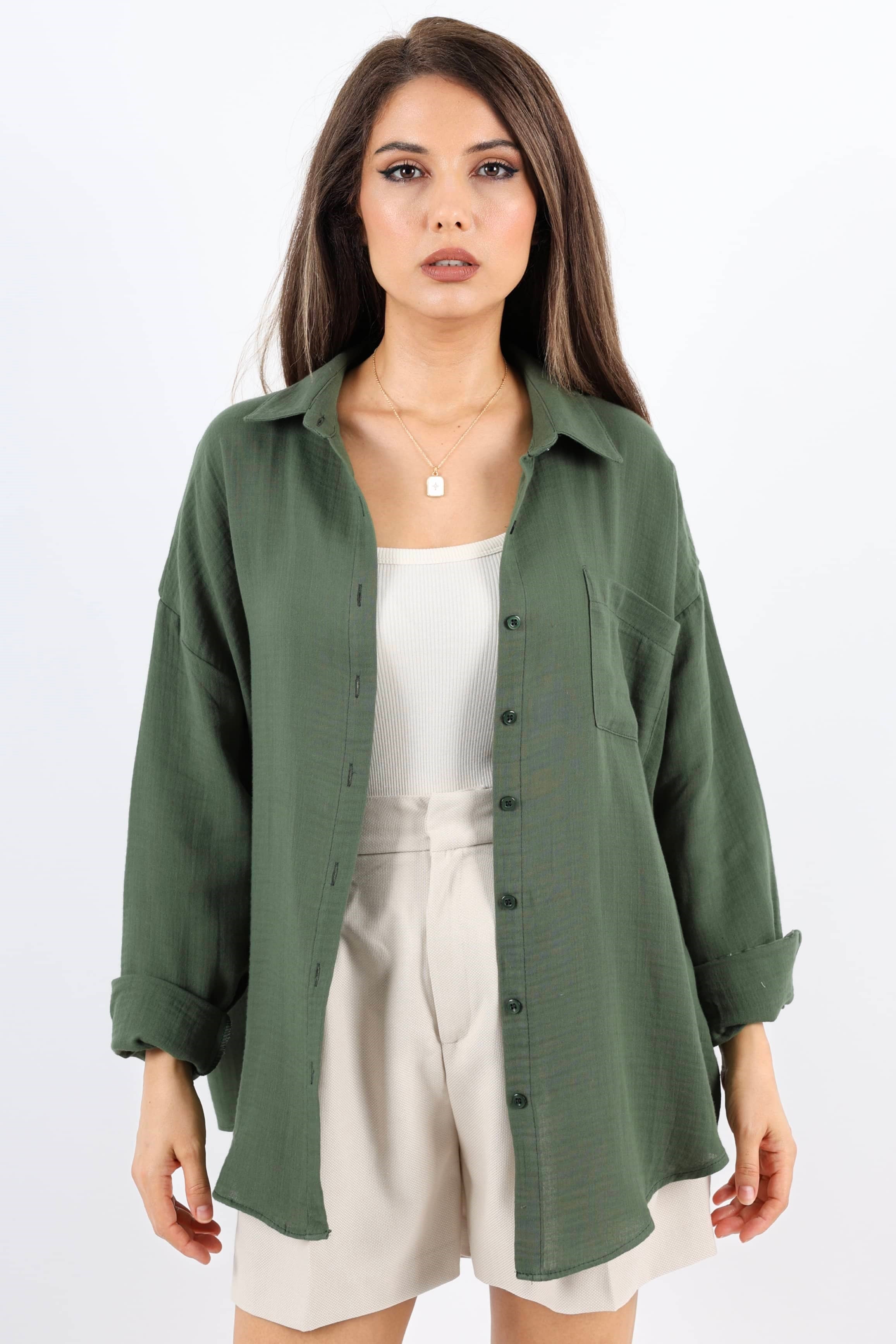 Kadın Yumuşak Müslin Kumaş Uzun Haki Oversize Gömlek