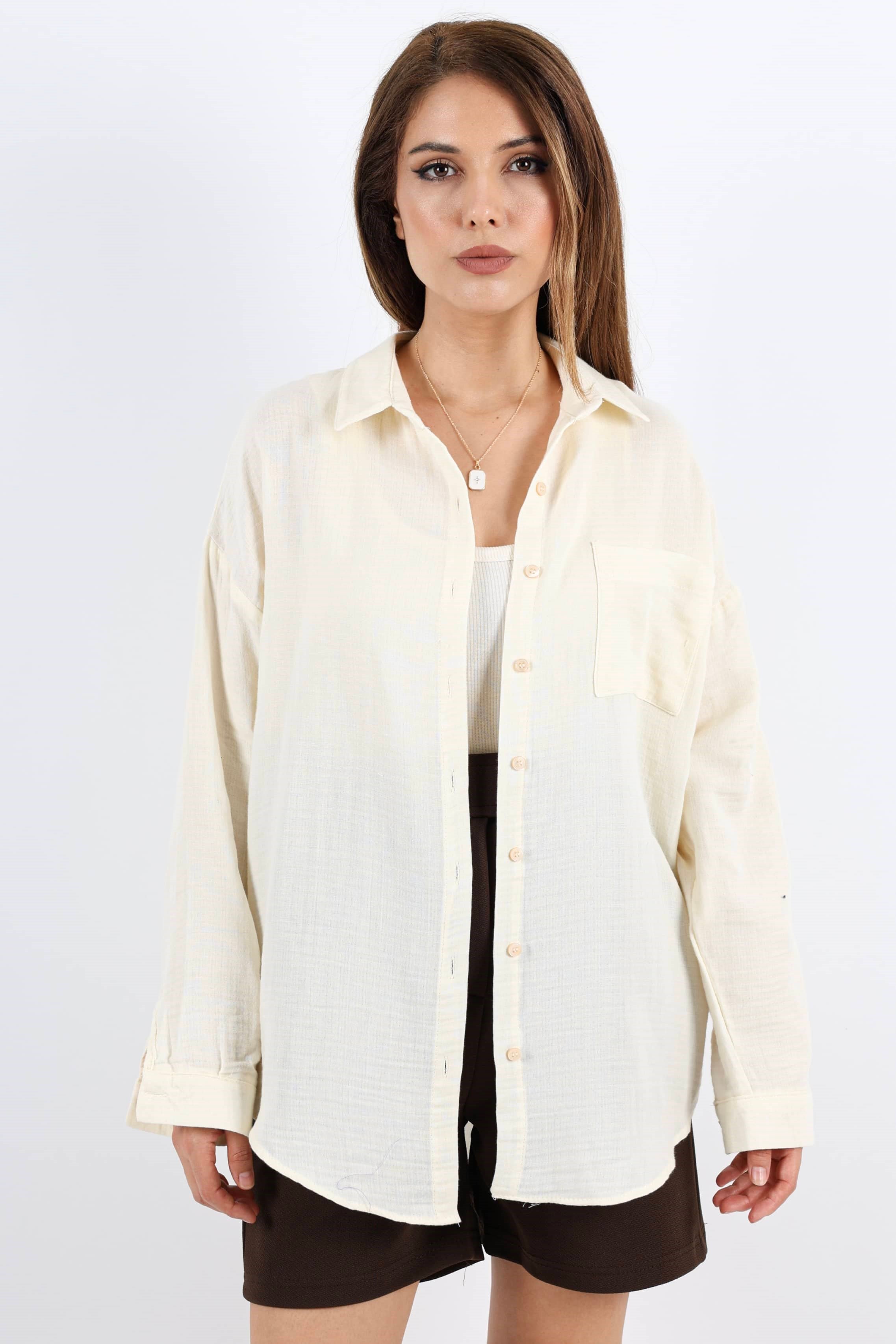 Kadın Yumuşak Müslin Kumaş Uzun Krem Oversize Gömlek