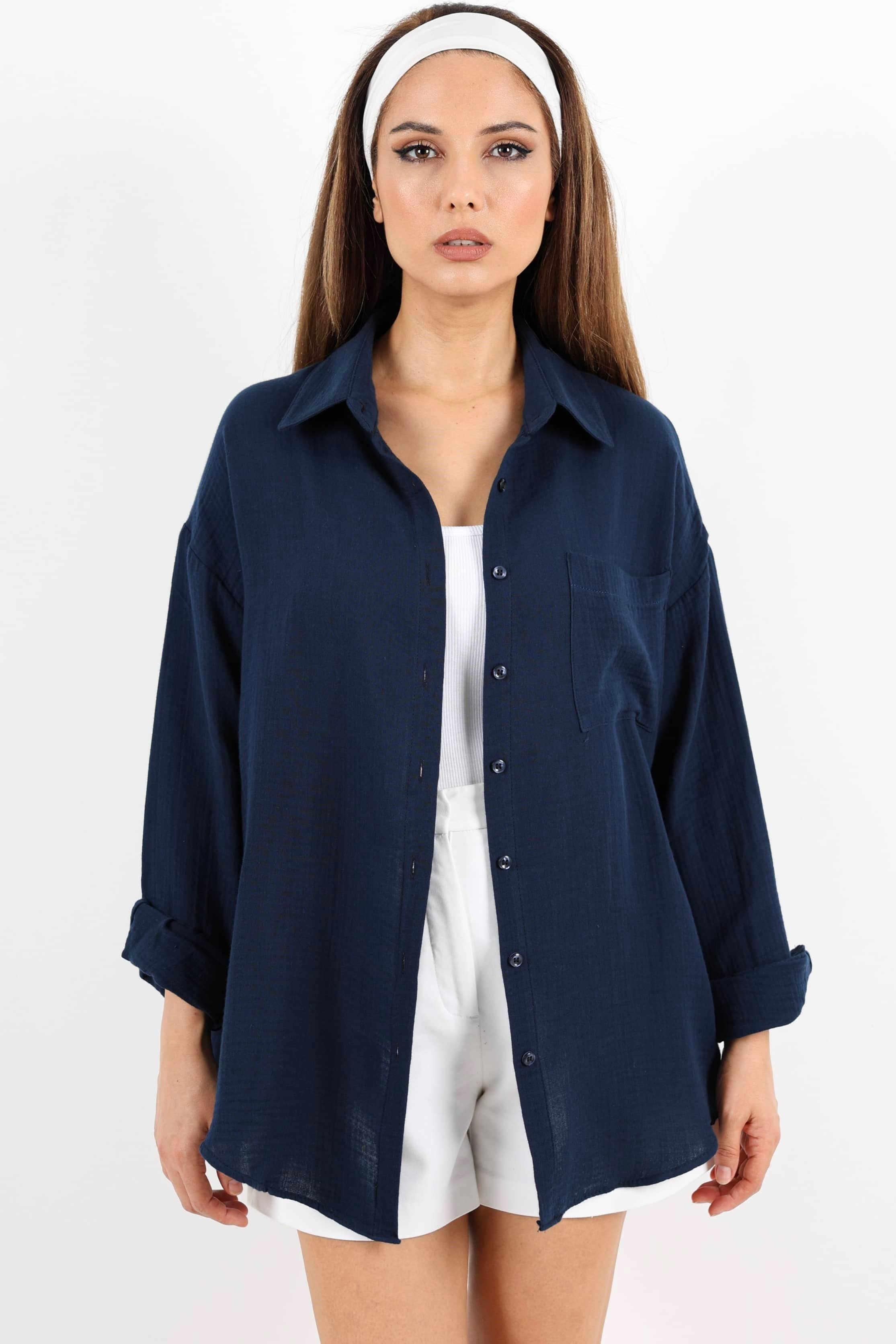 Kadın Yumuşak Müslin Kumaş Uzun Lacivert Oversize Gömlek