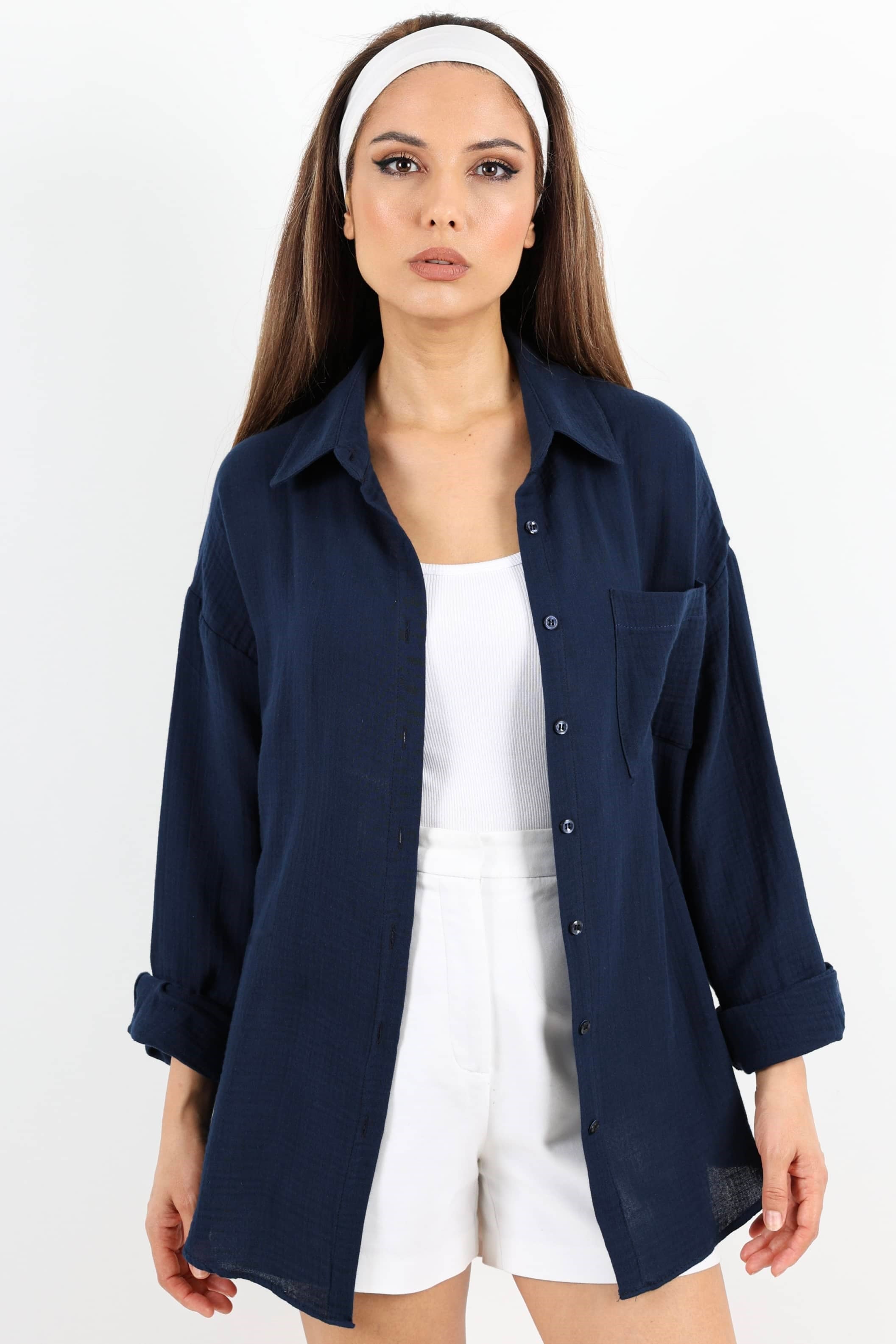 Kadın Yumuşak Müslin Kumaş Uzun Lacivert Oversize Gömlek