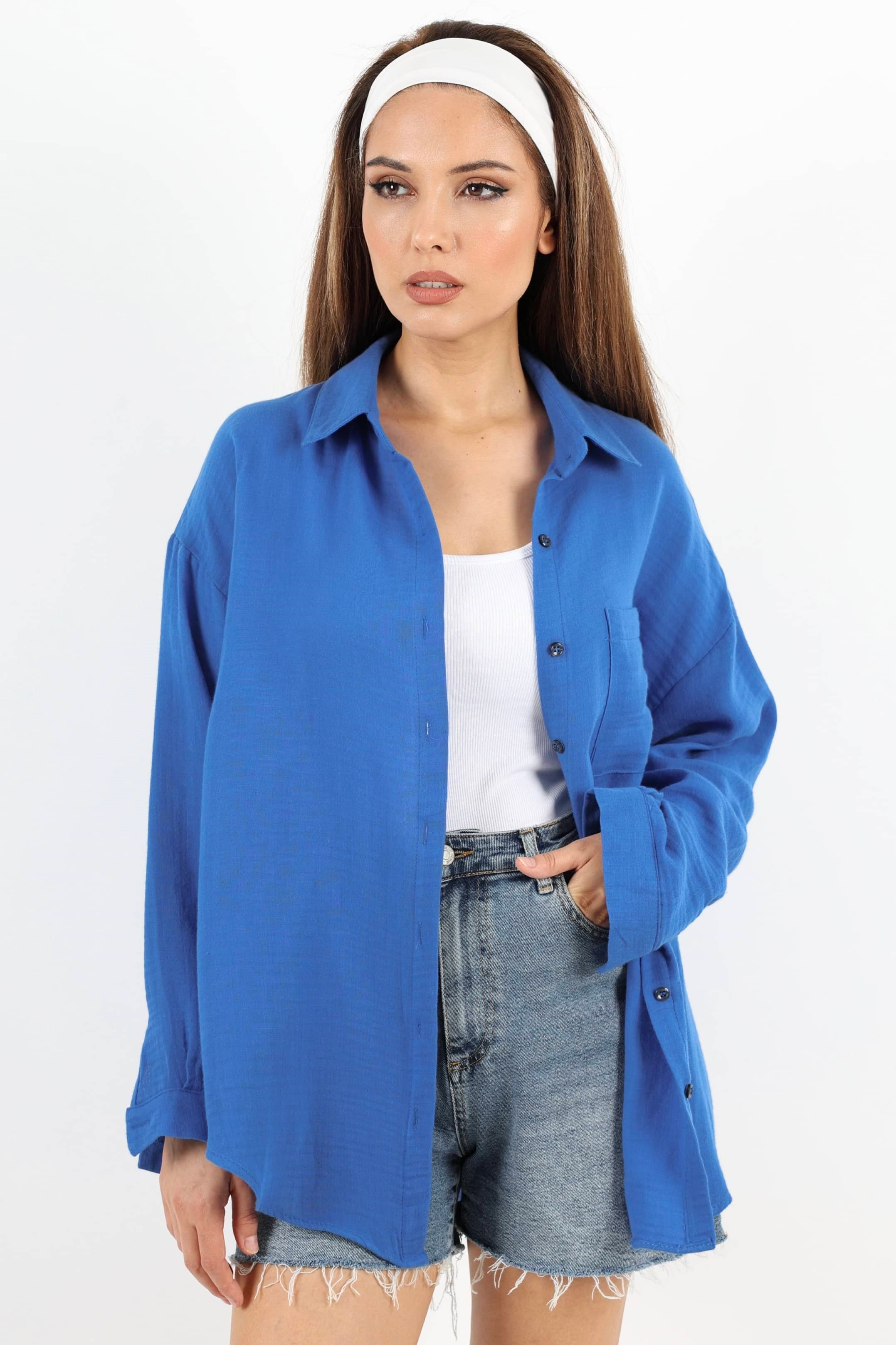 Kadın Yumuşak Müslin Kumaş Uzun Mavi Oversize Gömlek