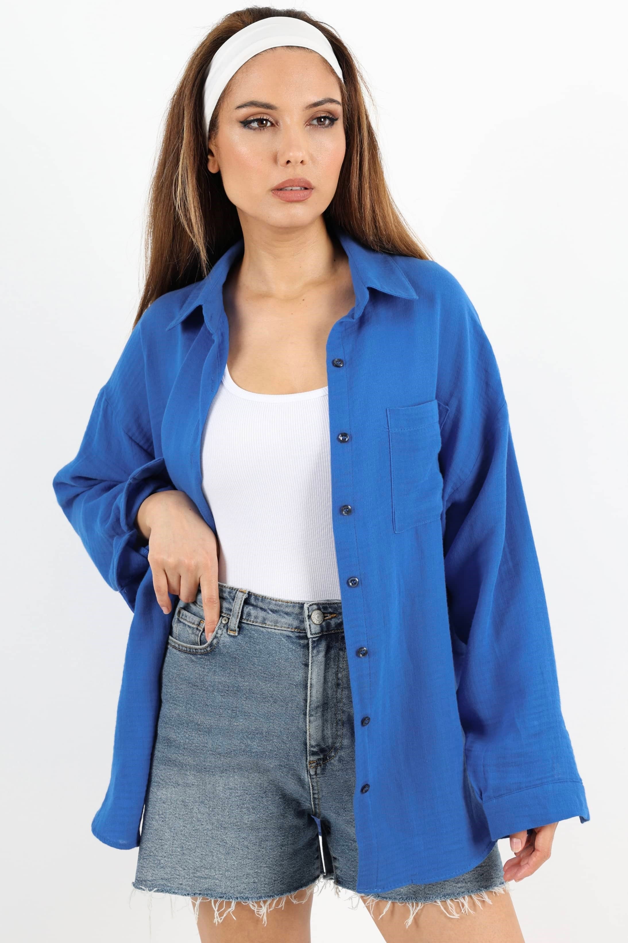 Kadın Yumuşak Müslin Kumaş Uzun Mavi Oversize Gömlek