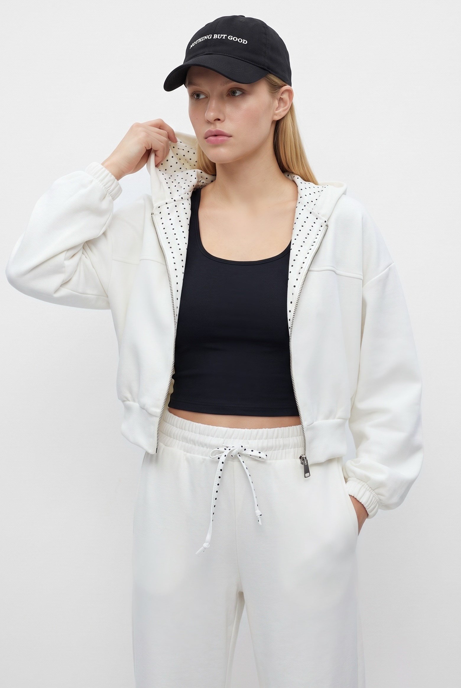 Kadın Zane Ekru Puantiye Detaylı Fermuarlı Sweatshirt Bel Eşofman Pantolon Alt Üst Takım