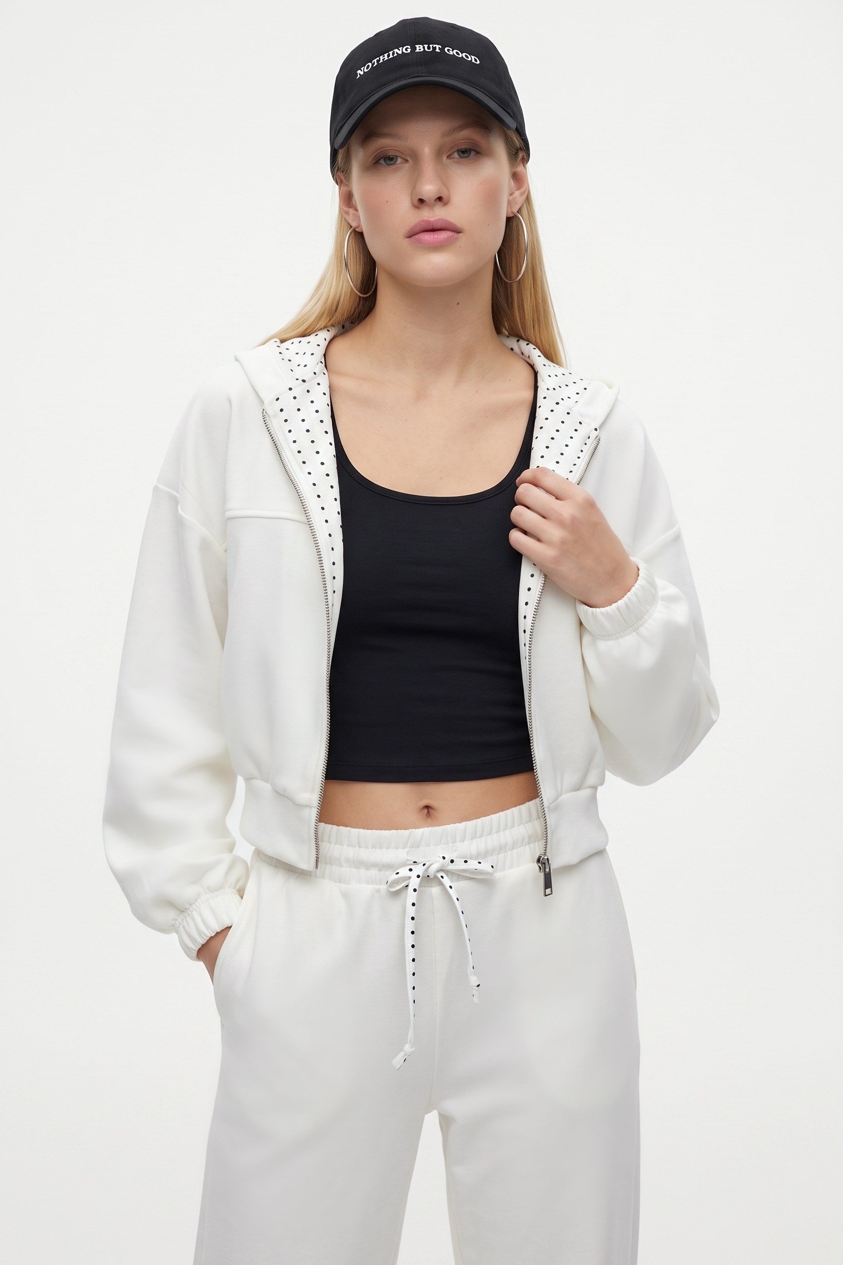 Kadın Zane Ekru Puantiye Detaylı Fermuarlı Sweatshirt Bel Eşofman Pantolon Alt Üst Takım