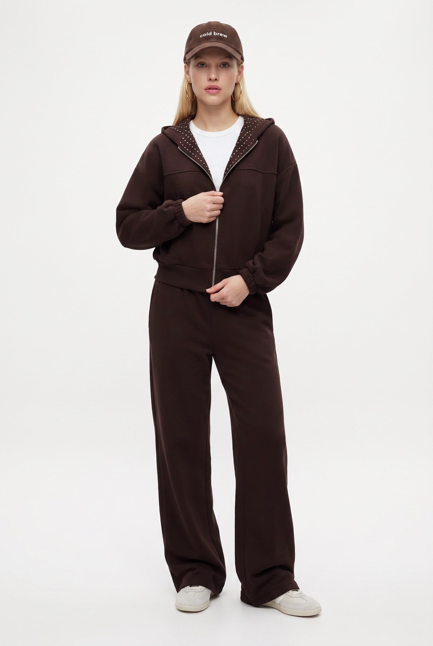 Kadın Zane Kahverengi Puantiye Detaylı Fermuarlı Sweatshirt Bel Eşofman Pantolon Alt Üst Takım