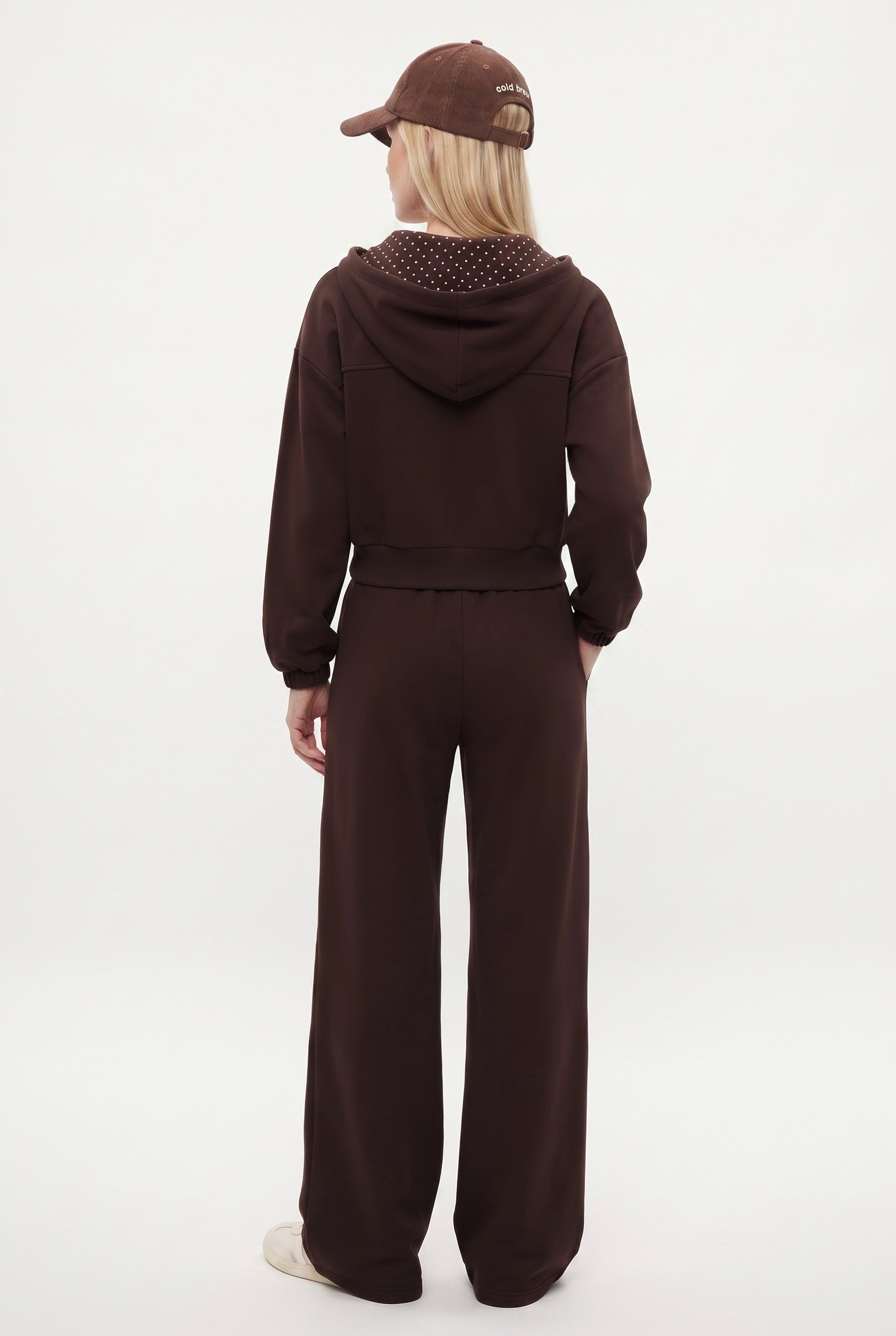 Kadın Zane Kahverengi Puantiye Detaylı Fermuarlı Sweatshirt Bel Eşofman Pantolon Alt Üst Takım