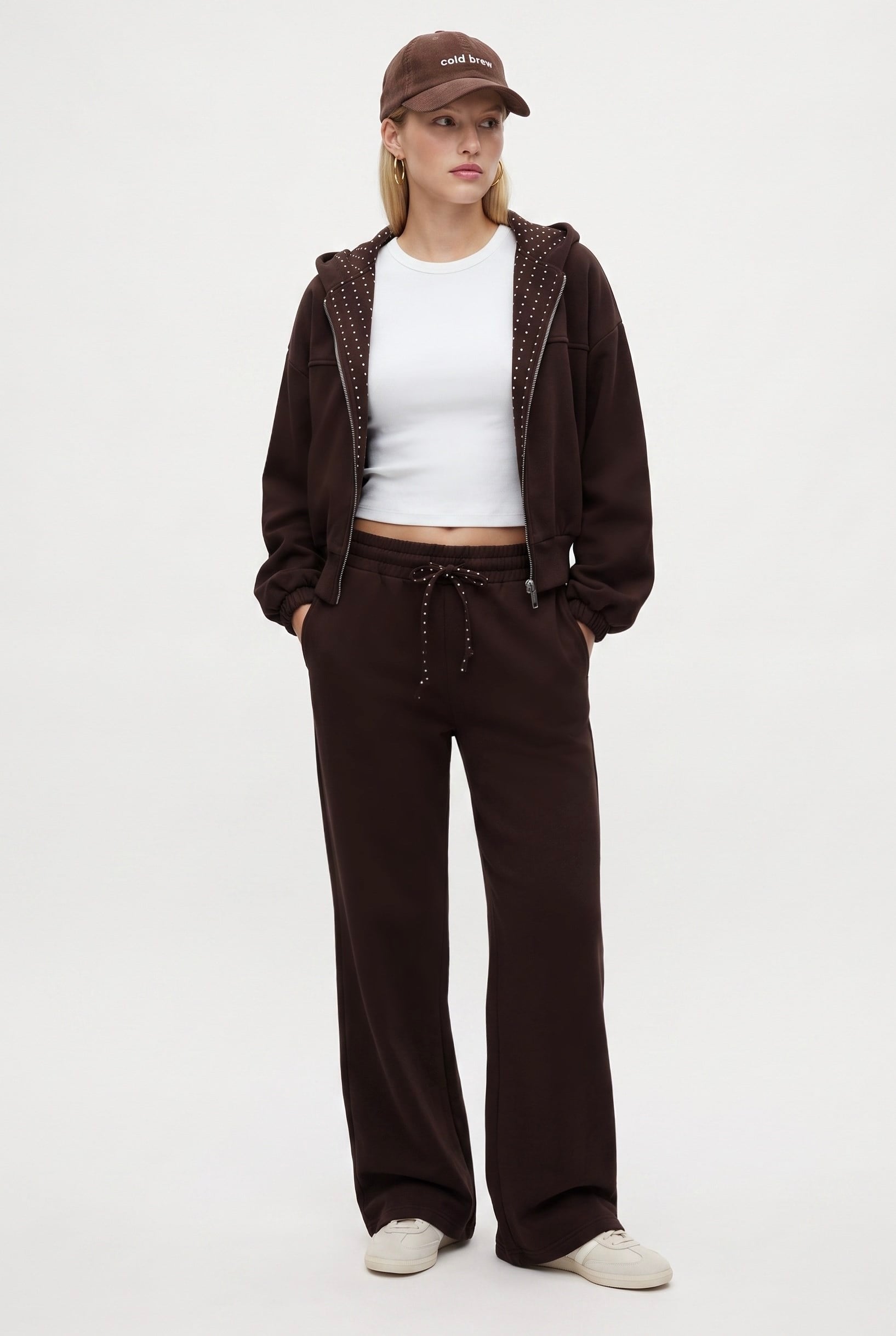 Kadın Zane Kahverengi Puantiye Detaylı Fermuarlı Sweatshirt Bel Eşofman Pantolon Alt Üst Takım