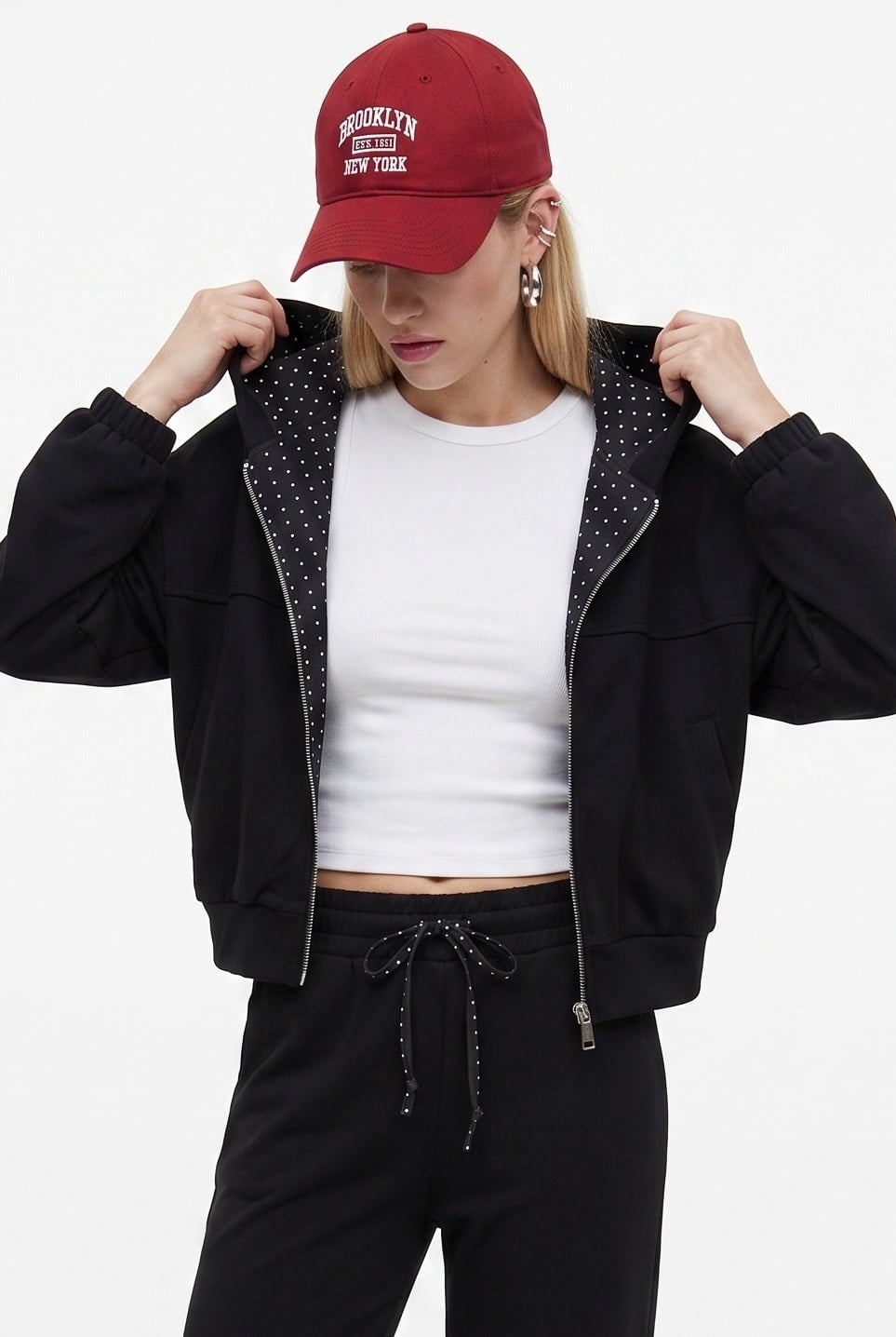 Kadın Zane Siyah Puantiye Detaylı Fermuarlı Sweatshirt Bel Eşofman Pantolon Alt Üst Takım
