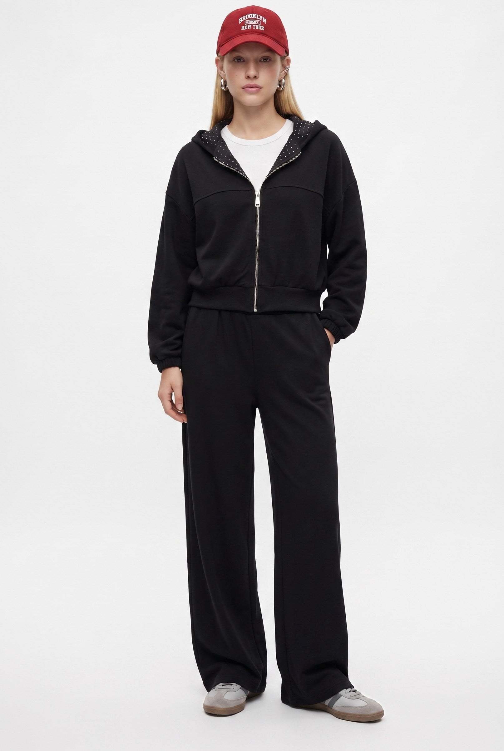 Kadın Zane Siyah Puantiye Detaylı Fermuarlı Sweatshirt Bel Eşofman Pantolon Alt Üst Takım