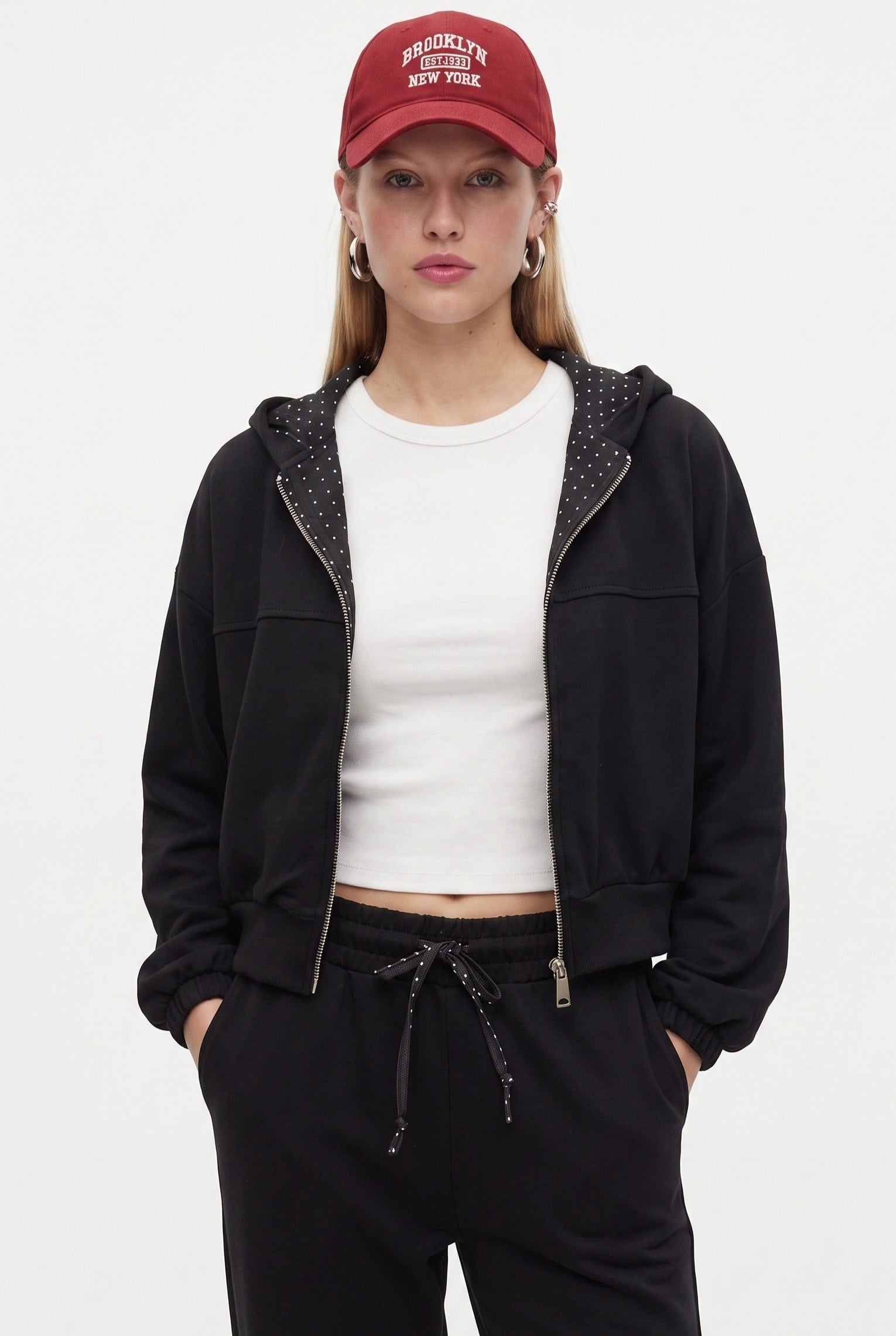 Kadın Zane Siyah Puantiye Detaylı Fermuarlı Sweatshirt Bel Eşofman Pantolon Alt Üst Takım