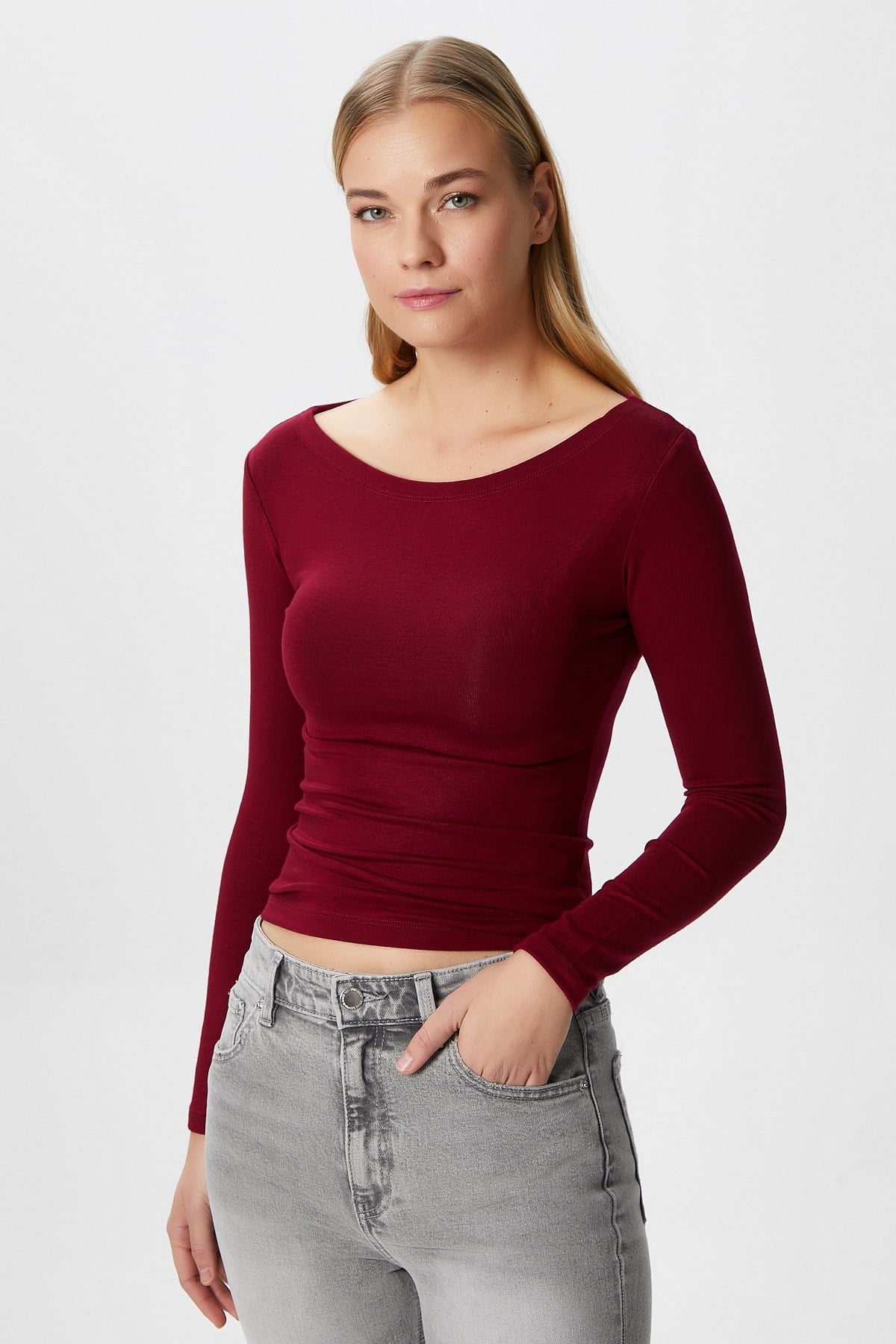 Kayık Yaka Need Uzun Kollu Bordo Soft Top / Bluz