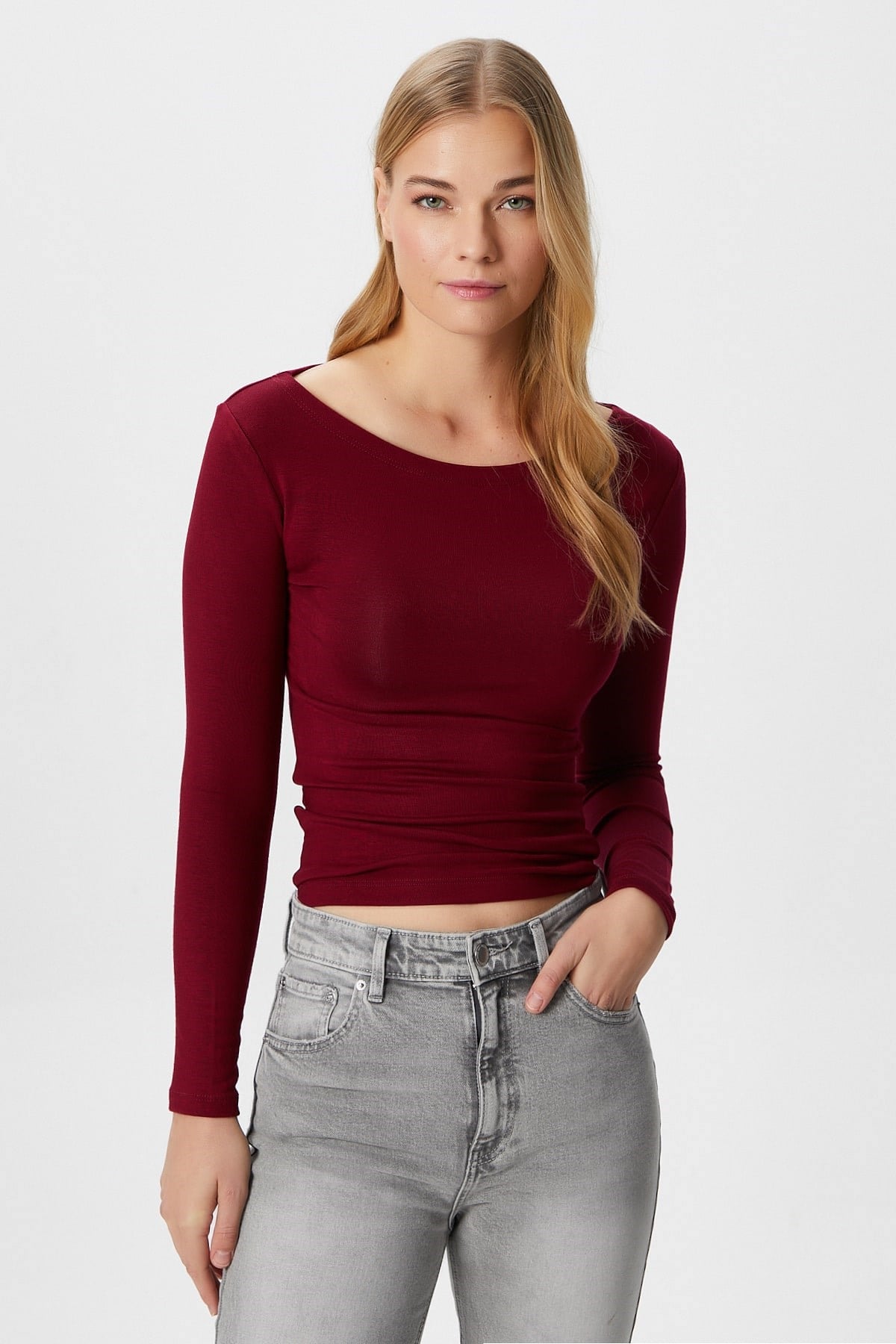 Kayık Yaka Need Uzun Kollu Bordo Soft Top / Bluz