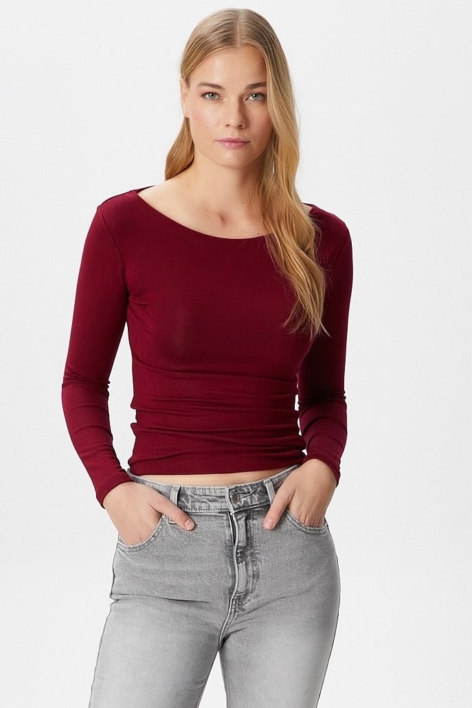 Kayık Yaka Need Uzun Kollu Bordo Soft Top / Bluz