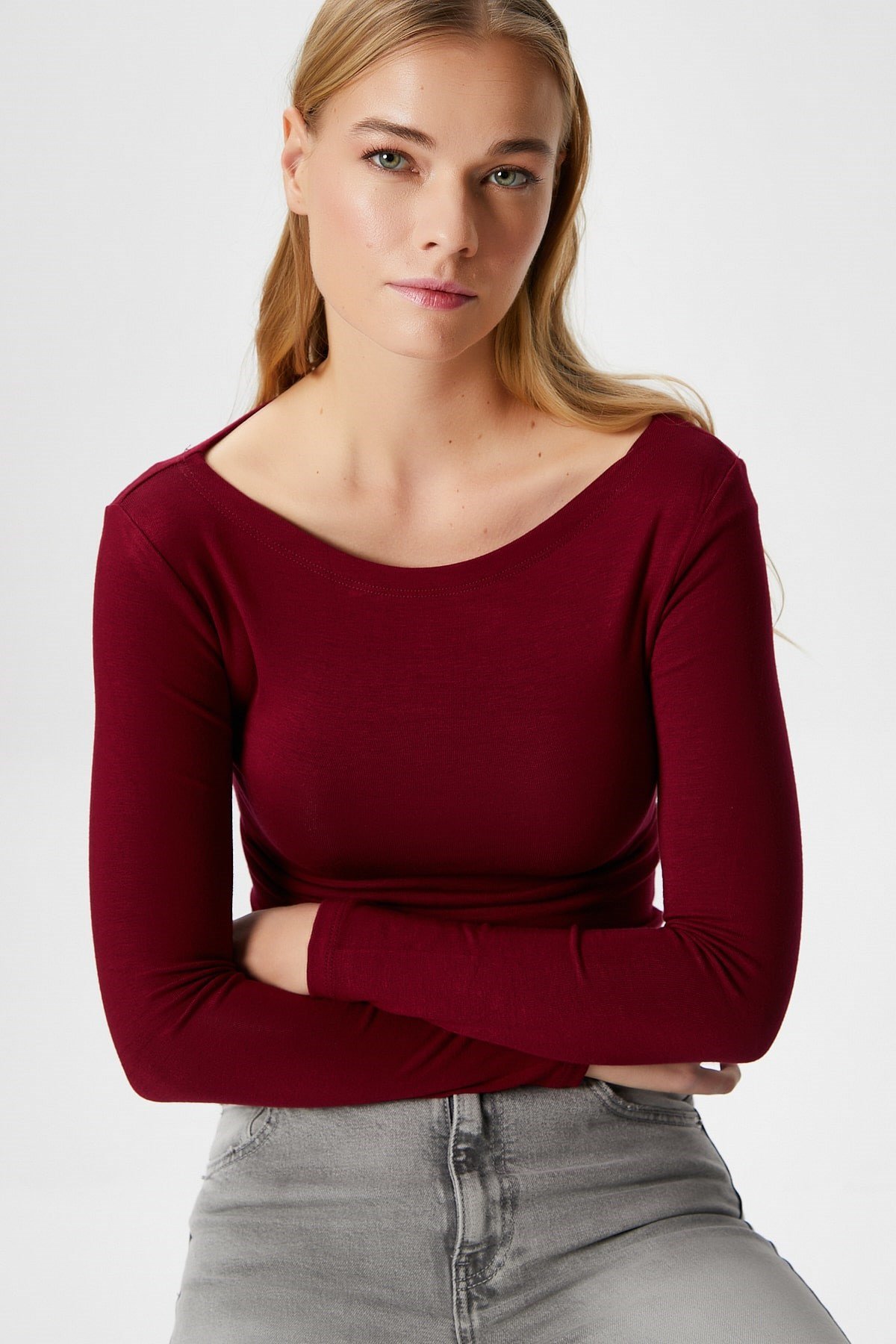 Kayık Yaka Need Uzun Kollu Bordo Soft Top / Bluz