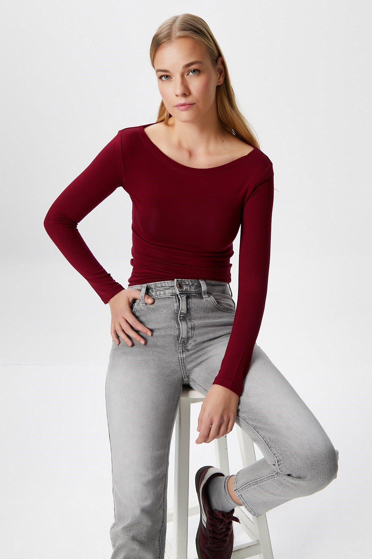 Kayık Yaka Need Uzun Kollu Bordo Soft Top / Bluz