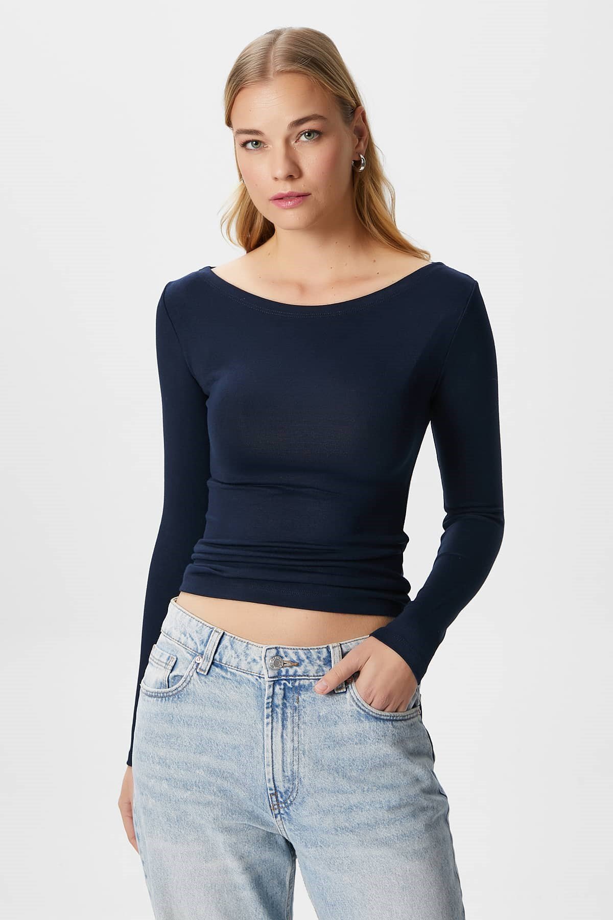 Kayık Yaka Need Uzun Kollu Lacivert Soft Top / Bluz