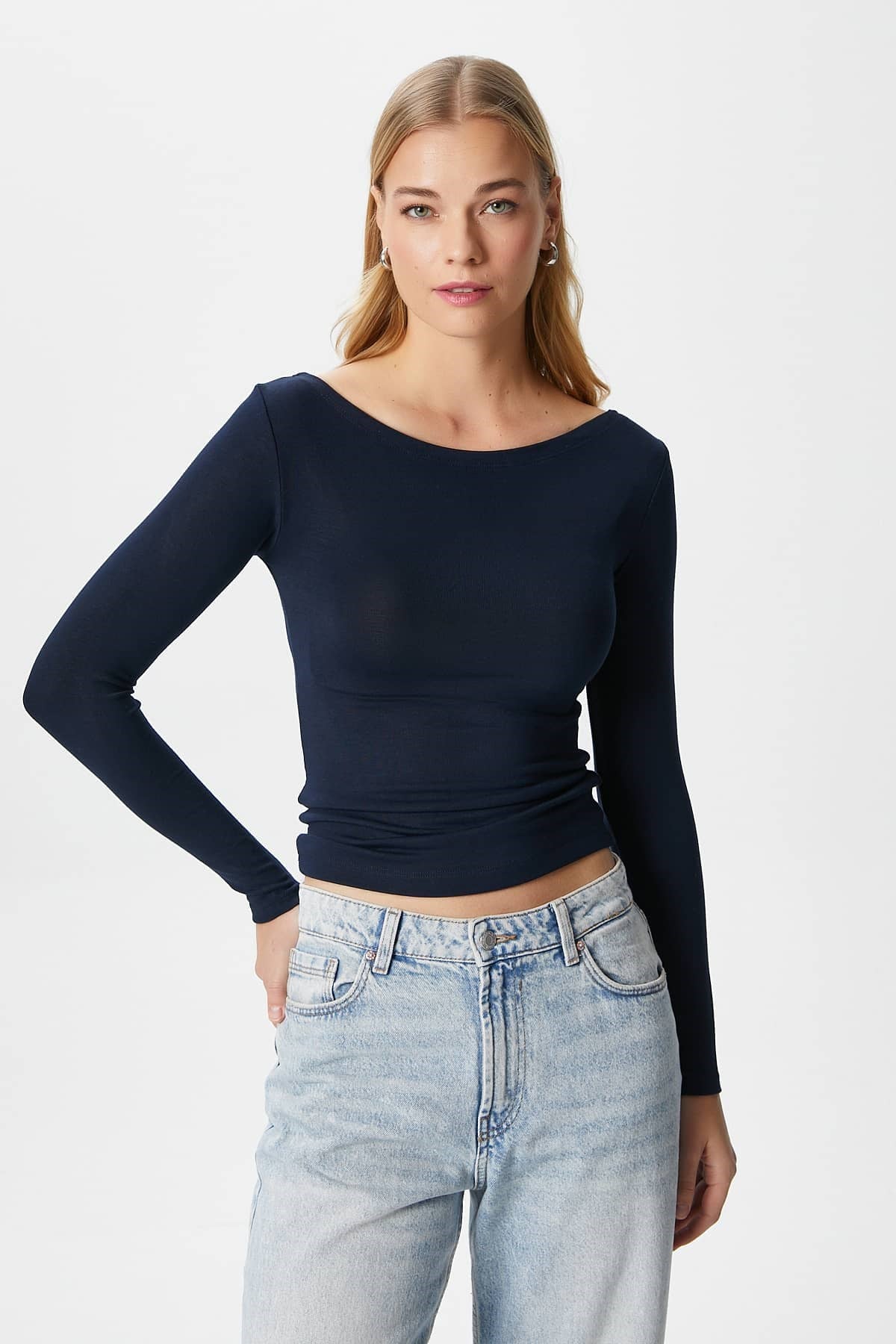 Kayık Yaka Need Uzun Kollu Lacivert Soft Top / Bluz