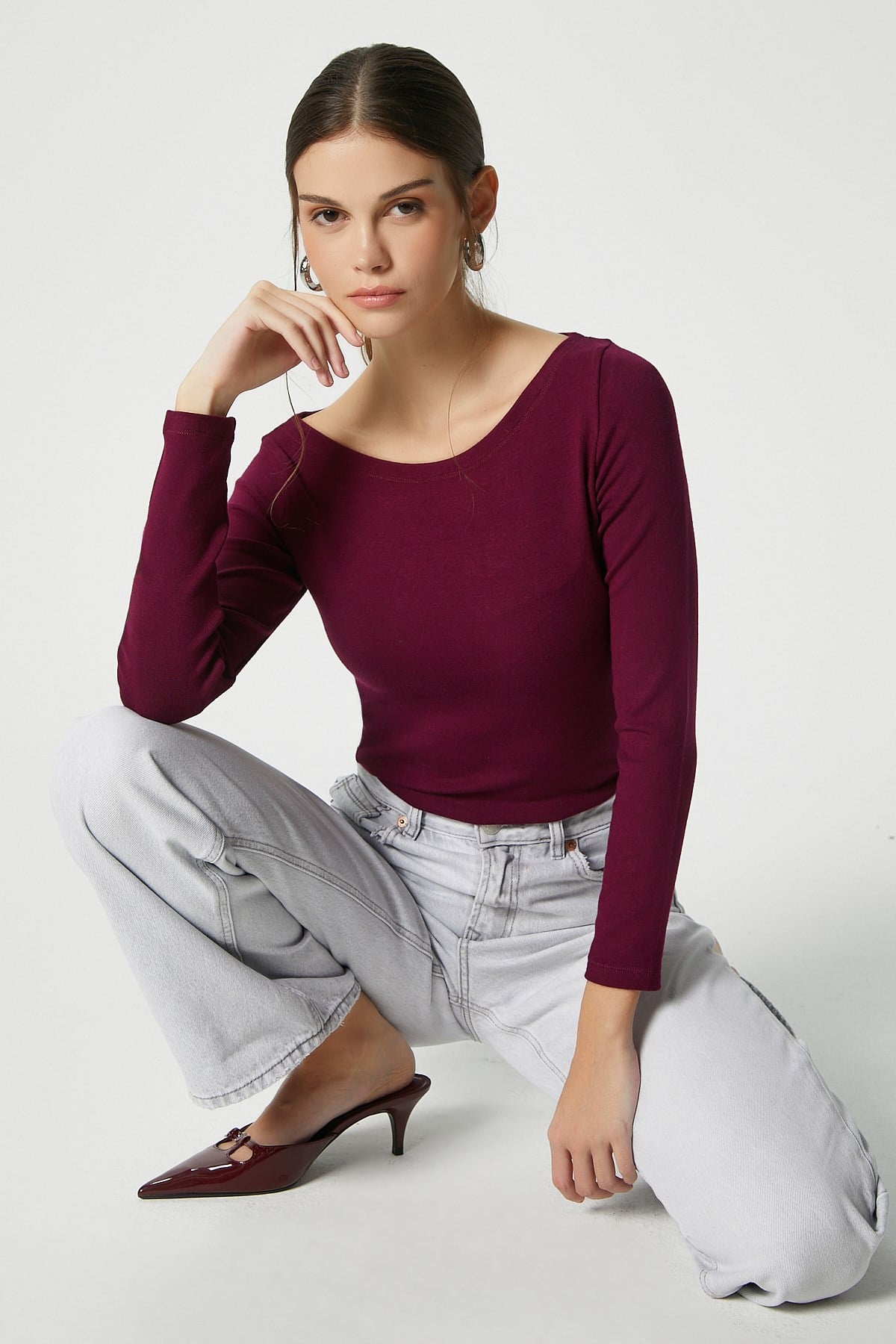 Kayık Yaka Need Uzun Kollu Mürdüm Soft Top / Bluz
