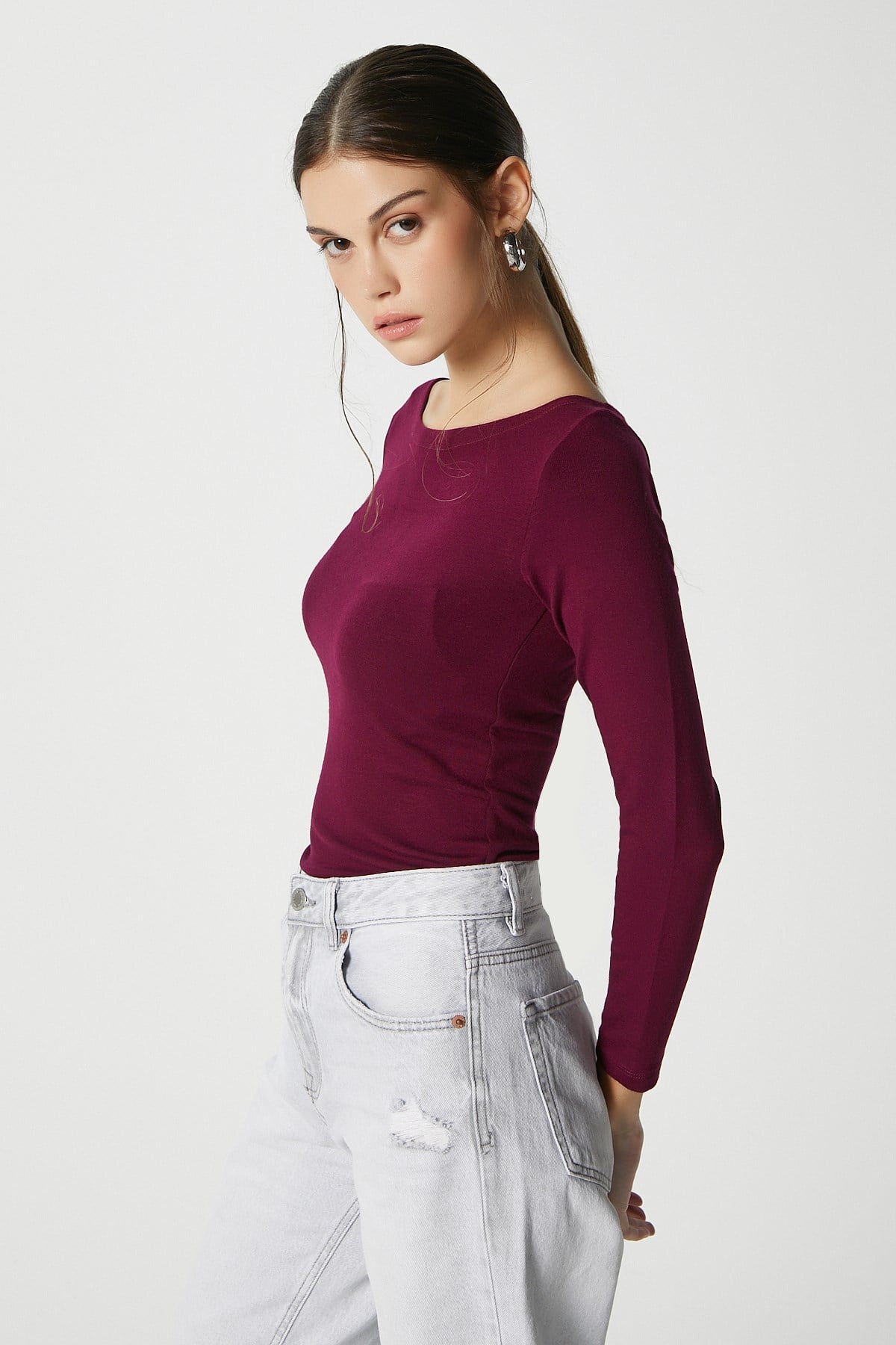 Kayık Yaka Need Uzun Kollu Mürdüm Soft Top / Bluz